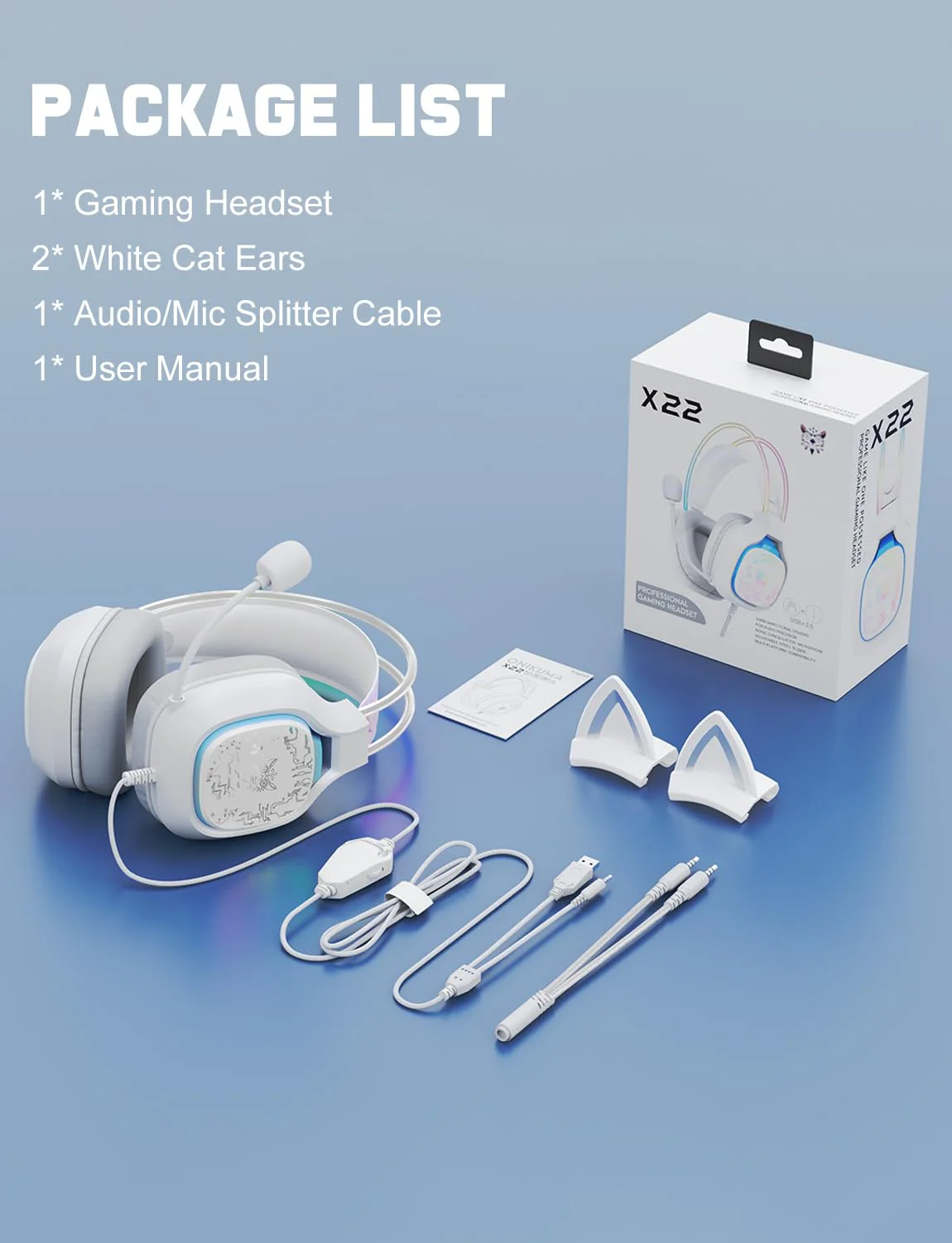 Gaming Headset with Microphone, RGB Lights, Detachable Cat Ear, Lightweight Over-Ear Headphones with Adjustable Headband for PC, PS4, PS5, Mac, Switch, Surround Sound, in-Line Control, White - Image 9