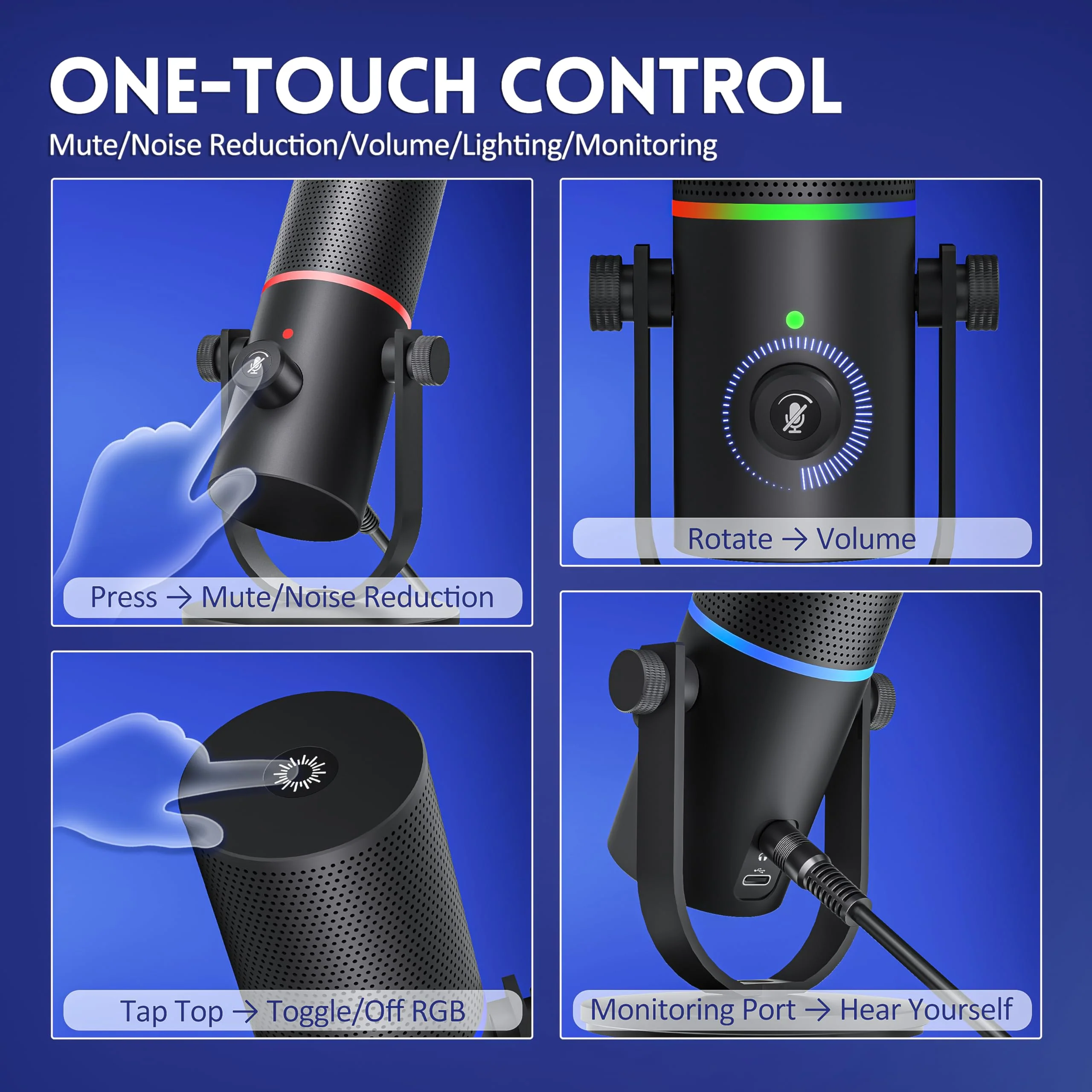 Gaming Microphone, USB Microphone for PC, Plug & Play Condenser Mic with RGB Light, Desk Computer Microphone, Gain Control, Singing, Recording, Streaming, Podcasting, PS4/5 and Conference - Image 3