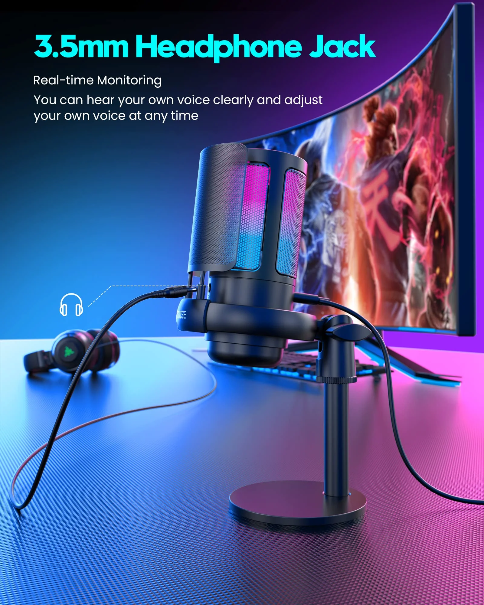 Gaming Microphone, USB PC Mic for Podcasts Videos, Streaming, Condenser Mic with Quick Mute, Tripod Stand, Pop Filter, RGB Indicator, Shock Mount, Rotate gain button, Compatible with PS4/5/PC With Stand - Image 5