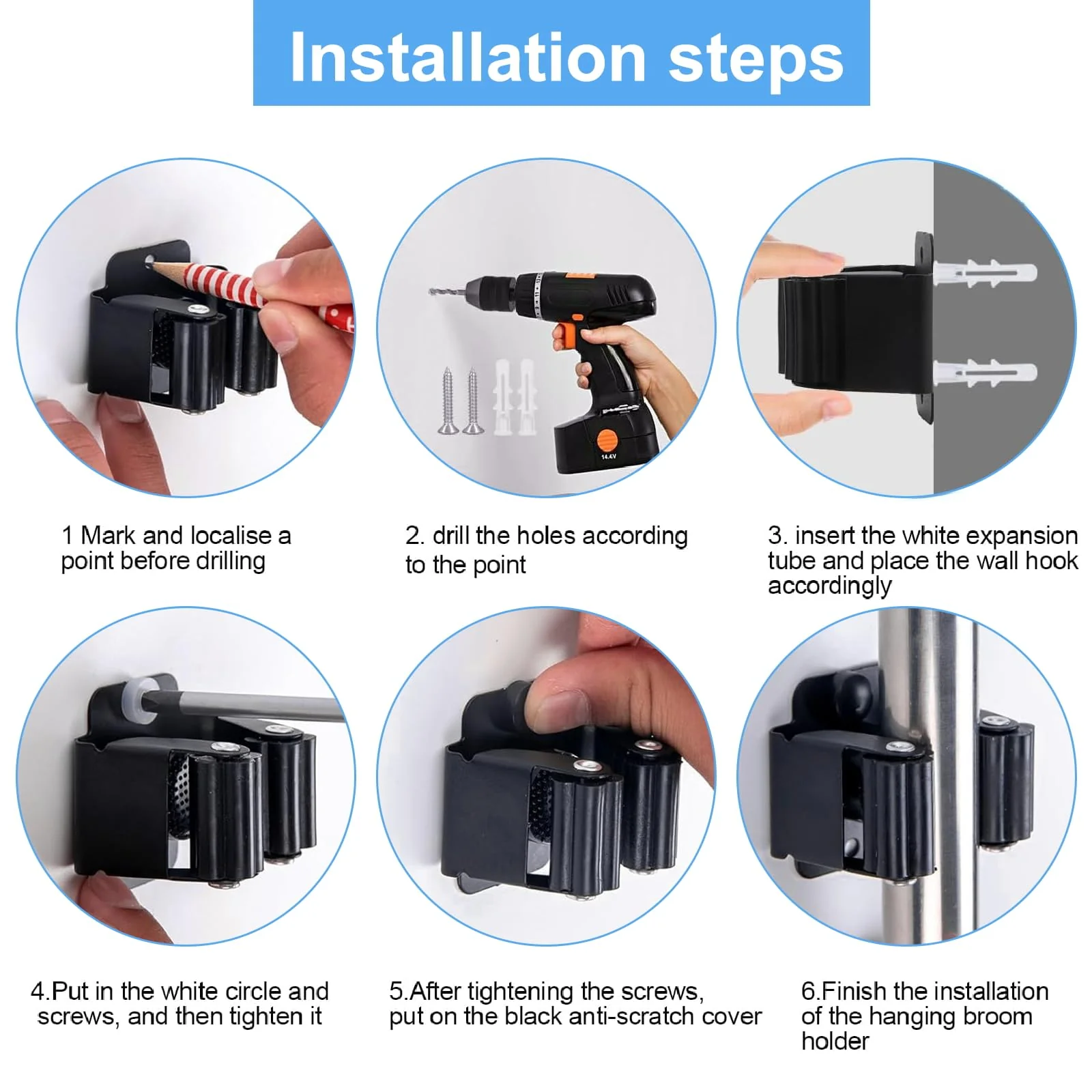 gaoduanluoluo 6/12 Piece Tool Holder Set, Broom Holder Wall, Garden Tool Holder, Tool Holder for Kitchen, Home, Bathroom, Garage (6) - Image 6