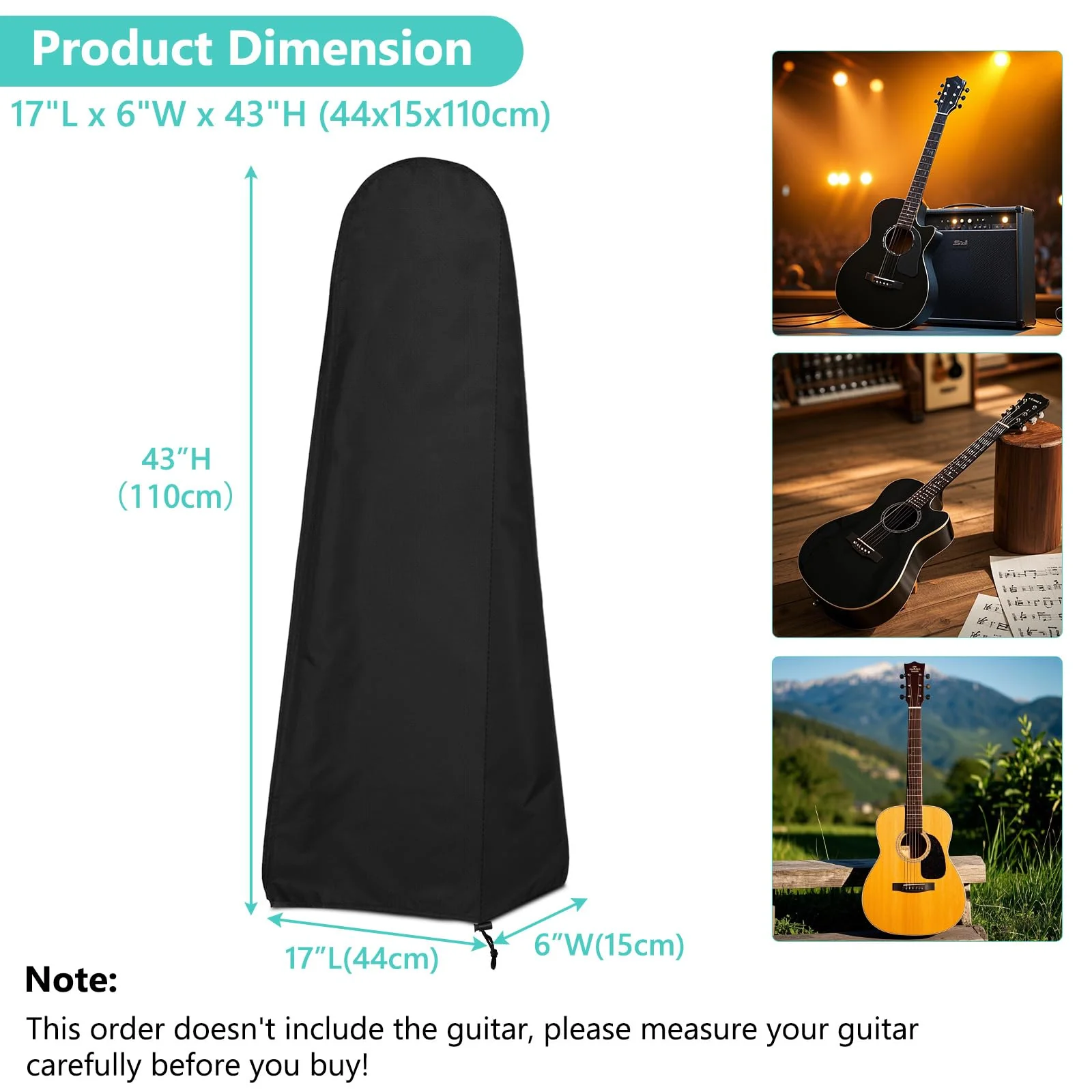 Gasadar Guitar Dust Cover Storage Bag for Acoustic Electric and Bass Guitars from Sun Dust Dirt UV Rays Waterproof and Durable Oxford Fabrics 17" L x 5" W x 43" H Black - Image 2
