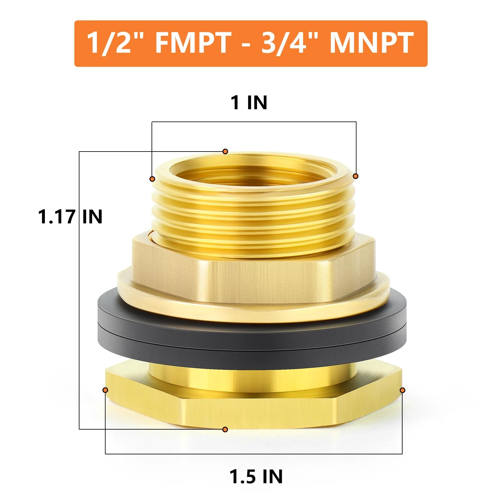 GASHER 8PCS Brass 1/2" Female 3/4" Male Bulkhead Tank Connector Adapter Fitting with Rubber Ring 1/2" Female-3/4" Male Without End Caps 8 - Image 2