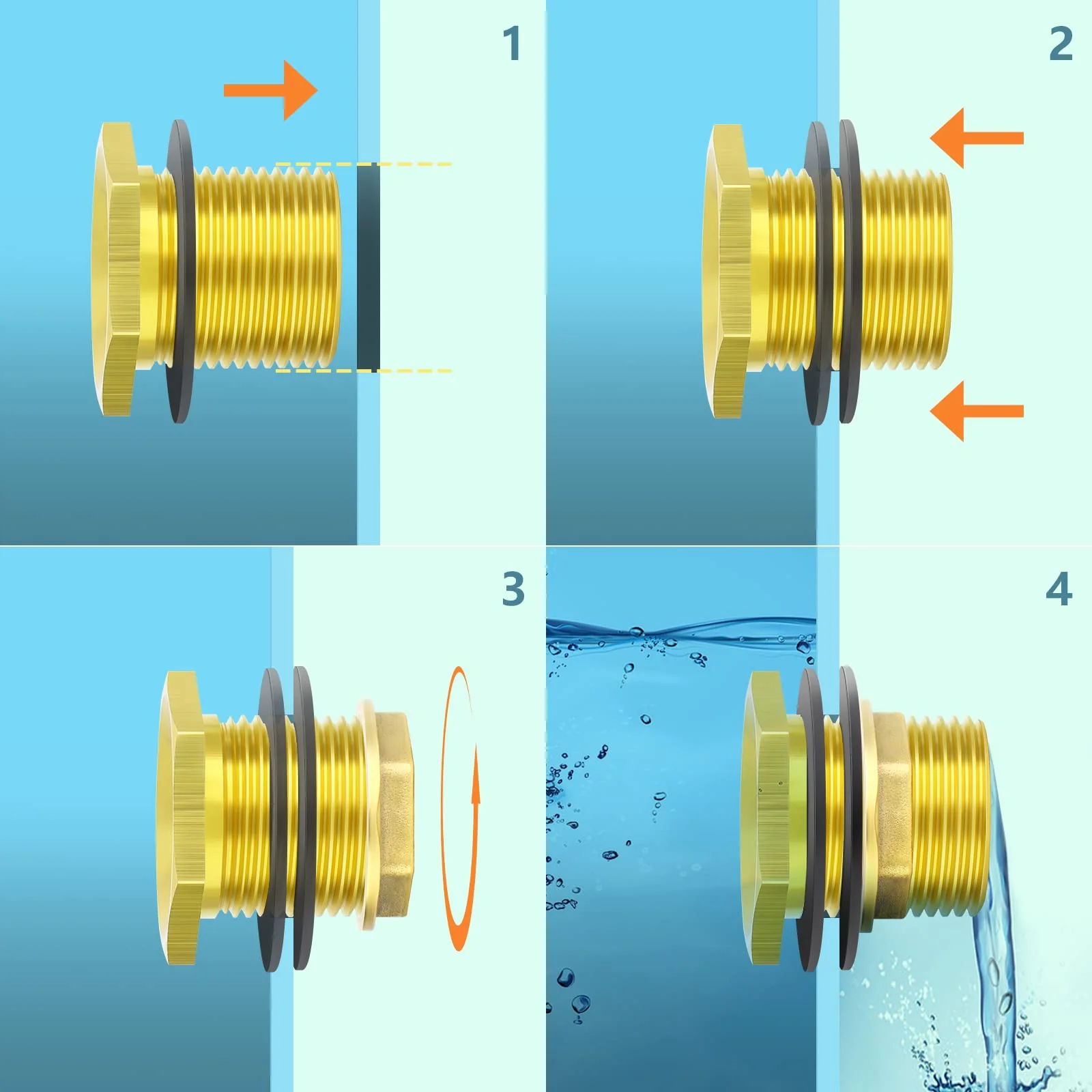 GASHER 8PCS Brass 1/2" Female 3/4" Male Bulkhead Tank Connector Adapter Fitting with Rubber Ring 1/2" Female-3/4" Male Without End Caps 8 - Image 3