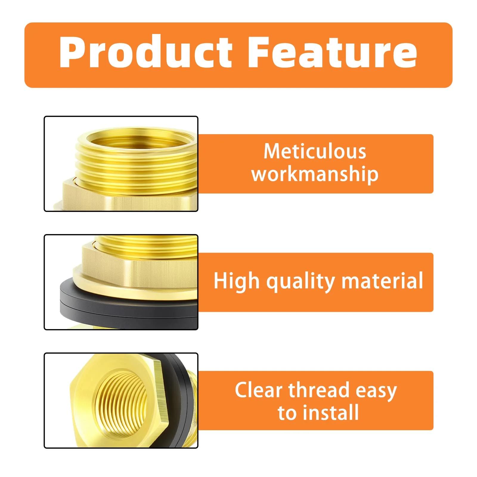 GASHER 8PCS Brass 1/2" Female 3/4" Male Bulkhead Tank Connector Adapter Fitting with Rubber Ring 1/2" Female-3/4" Male Without End Caps 8 - Image 5