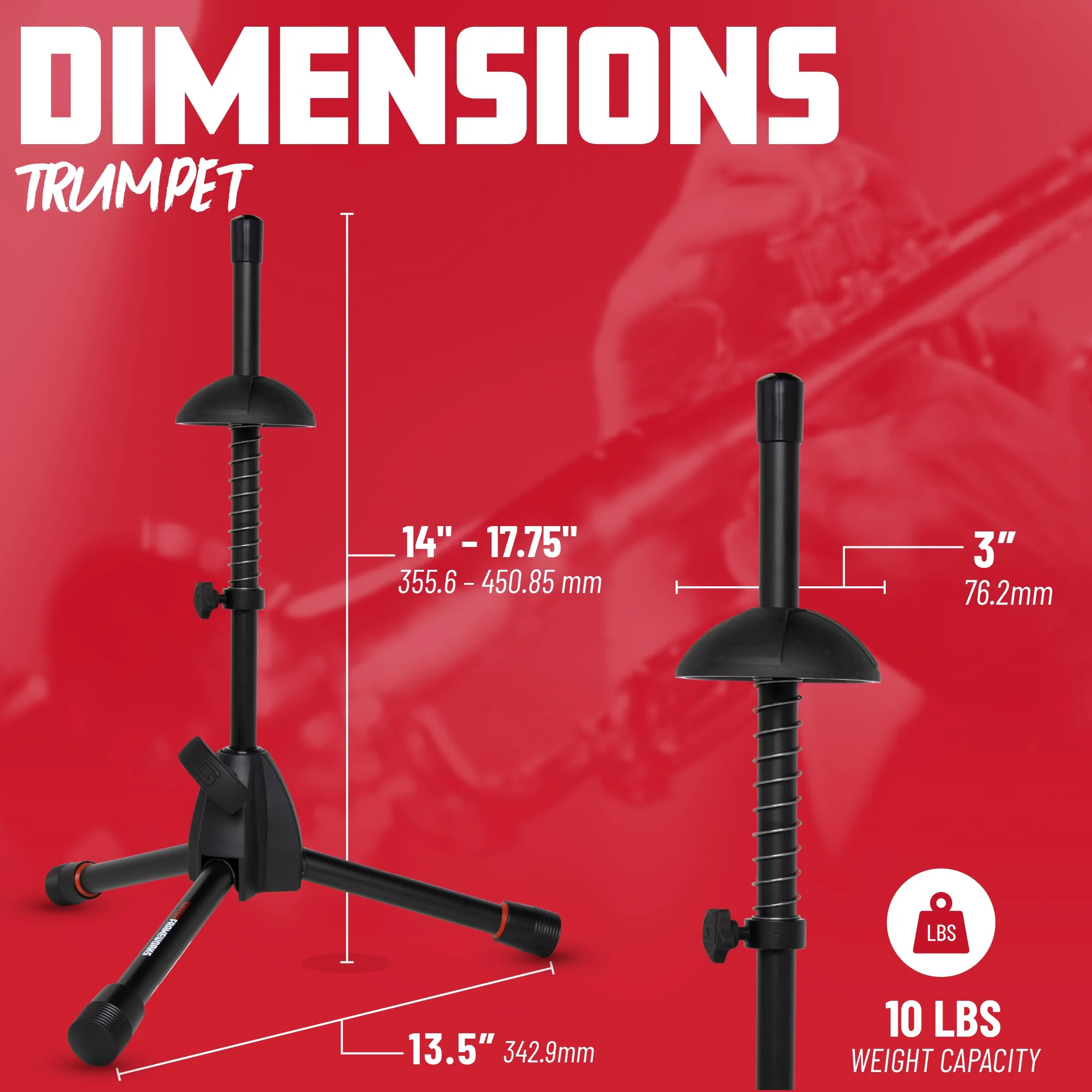 Gator Frameworks Tripod Style Stand for Standard-Sized Trumpets; (GFW-BNO-TRUMPET) Trumpet Stand - Image 6