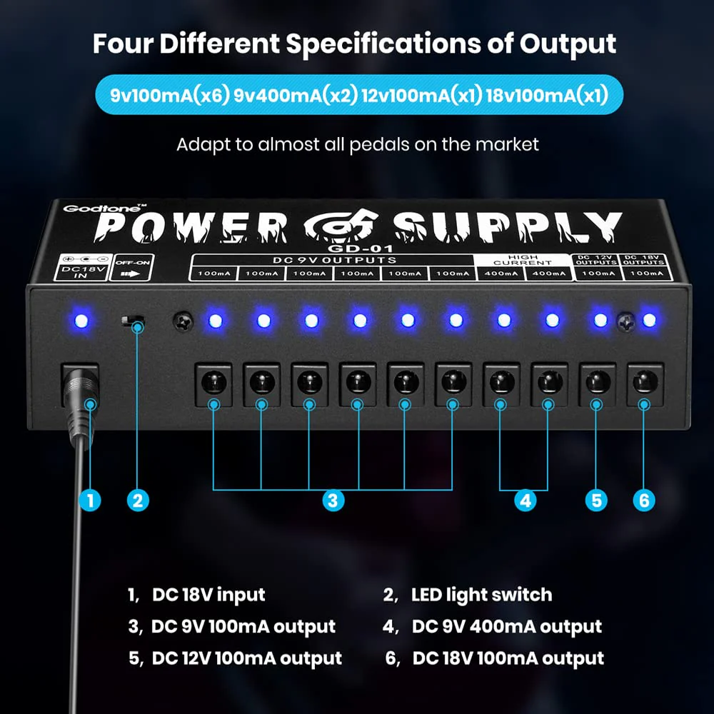 GD-01 Guitar Pedal Power Supply High Current 10 Isolated DC Output for 9V/12V/18V Effect Pedals - Image 2