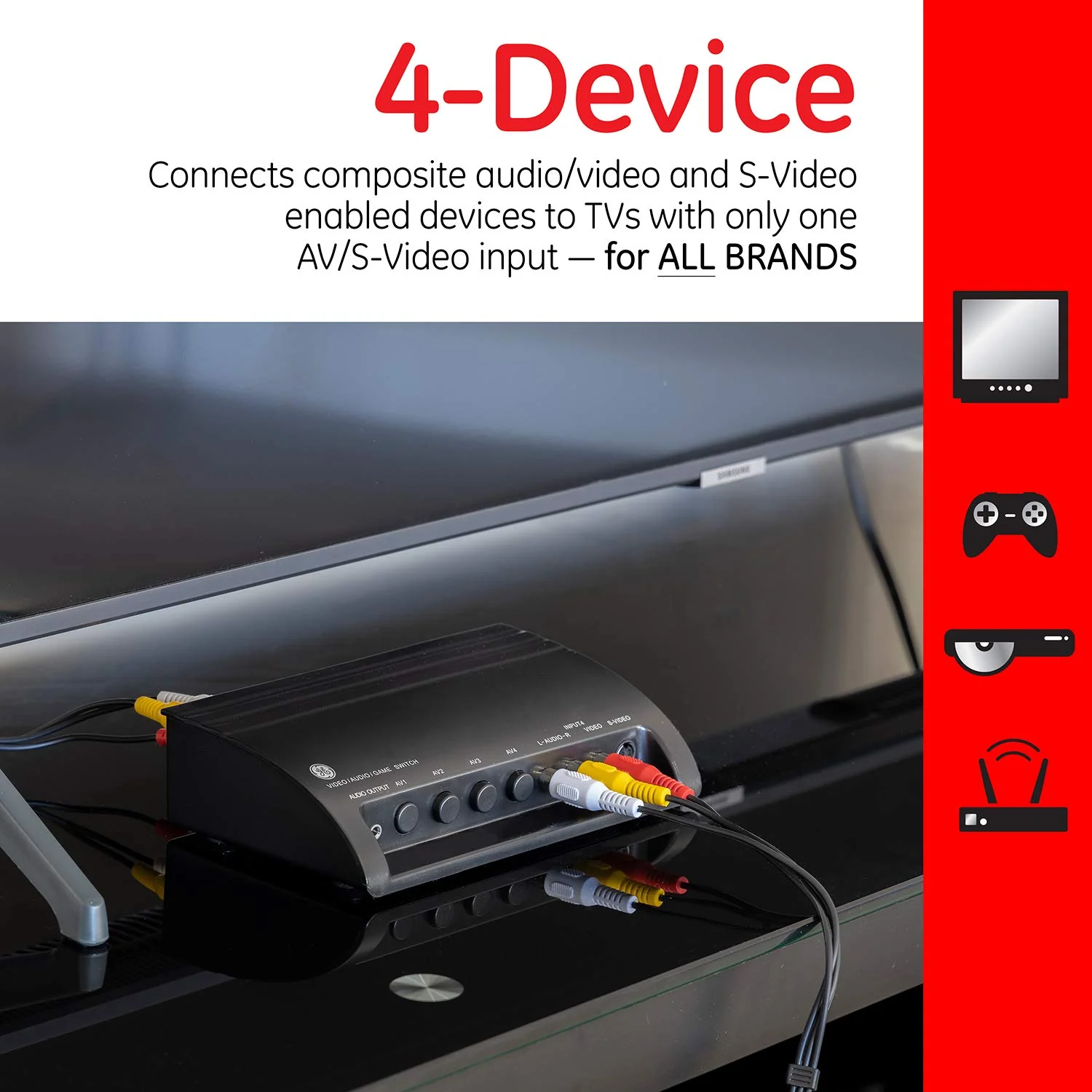 GE 4-Way RCA Switch AV Splitter Switch, for Connecting 4 RCA Output Devices to Your TV, S-Video Support, Audio/Video, Game Consoles, DVD, VCR, 38807 4 Way Splitter Switch - Image 2