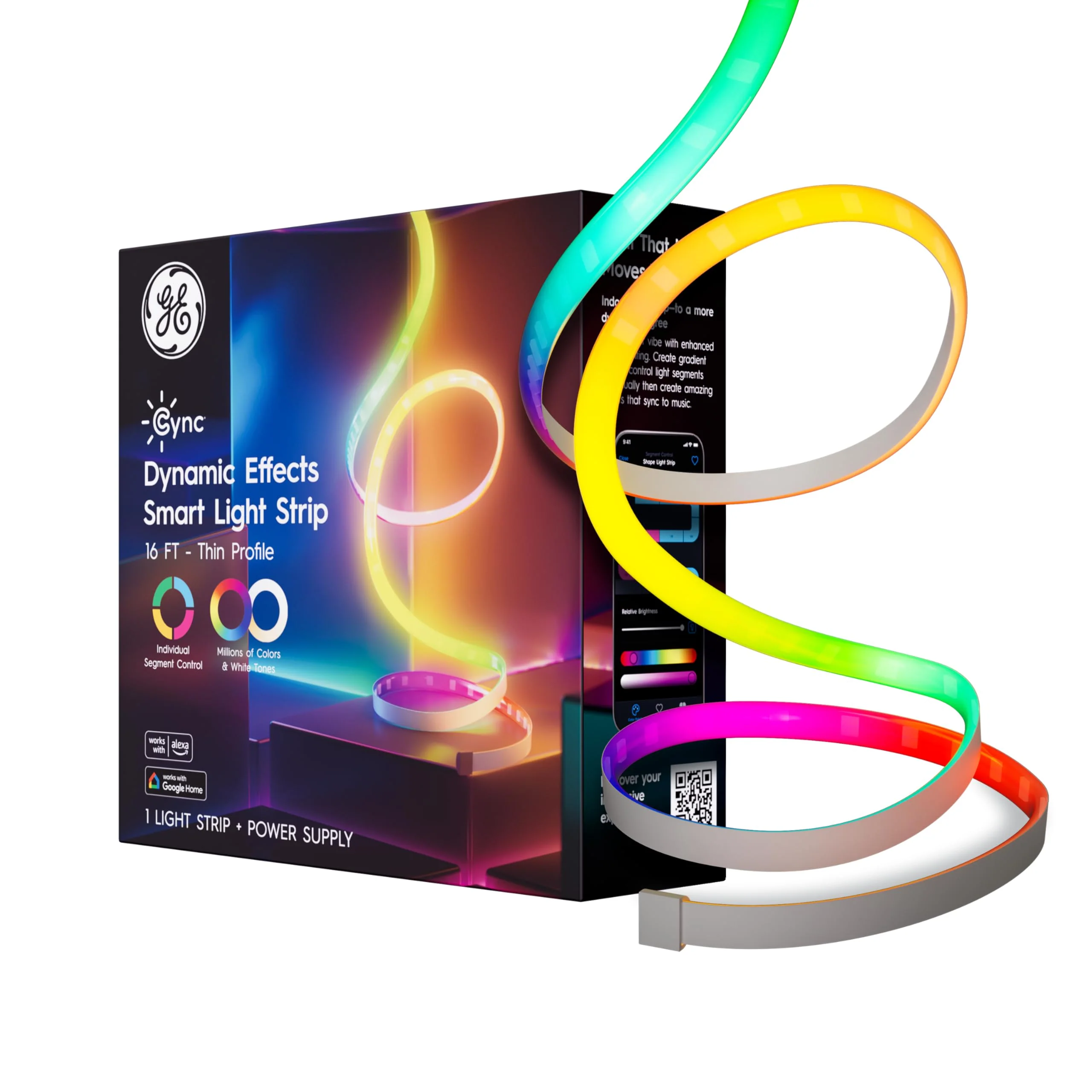 GE Cync Dynamic Effects Smart LED Light Strip with Music Sync, Color Changing WiFi Lights, Indoor Light Strip, Compatible with Alexa and Google Home, 16ft and Power Supply 16 Foot