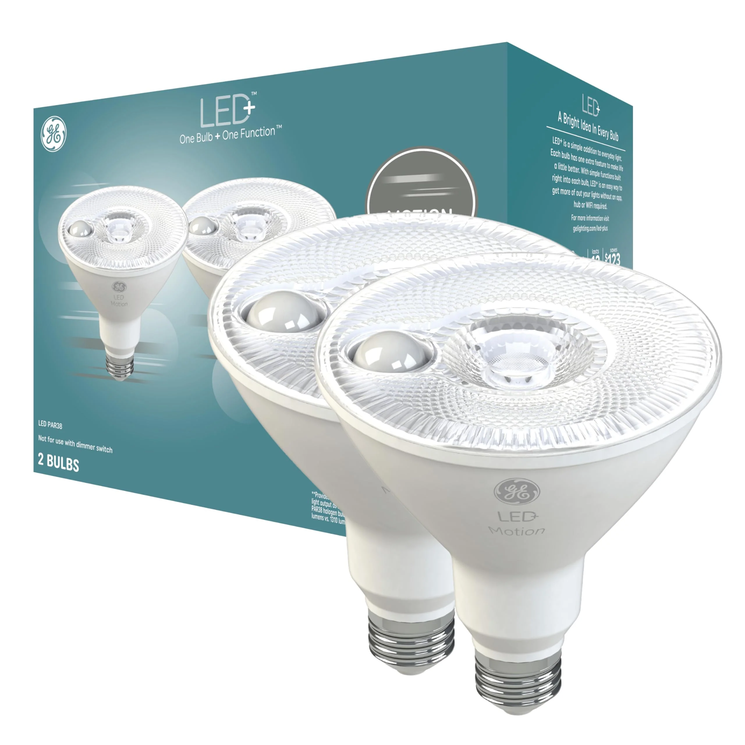 GE LED+ Motion Sensor LED Light Bulbs, 14W, PAR38 Outdoor Security Floodlights, Warm White, CAC (2 Pack) Pack of 2 (14W)