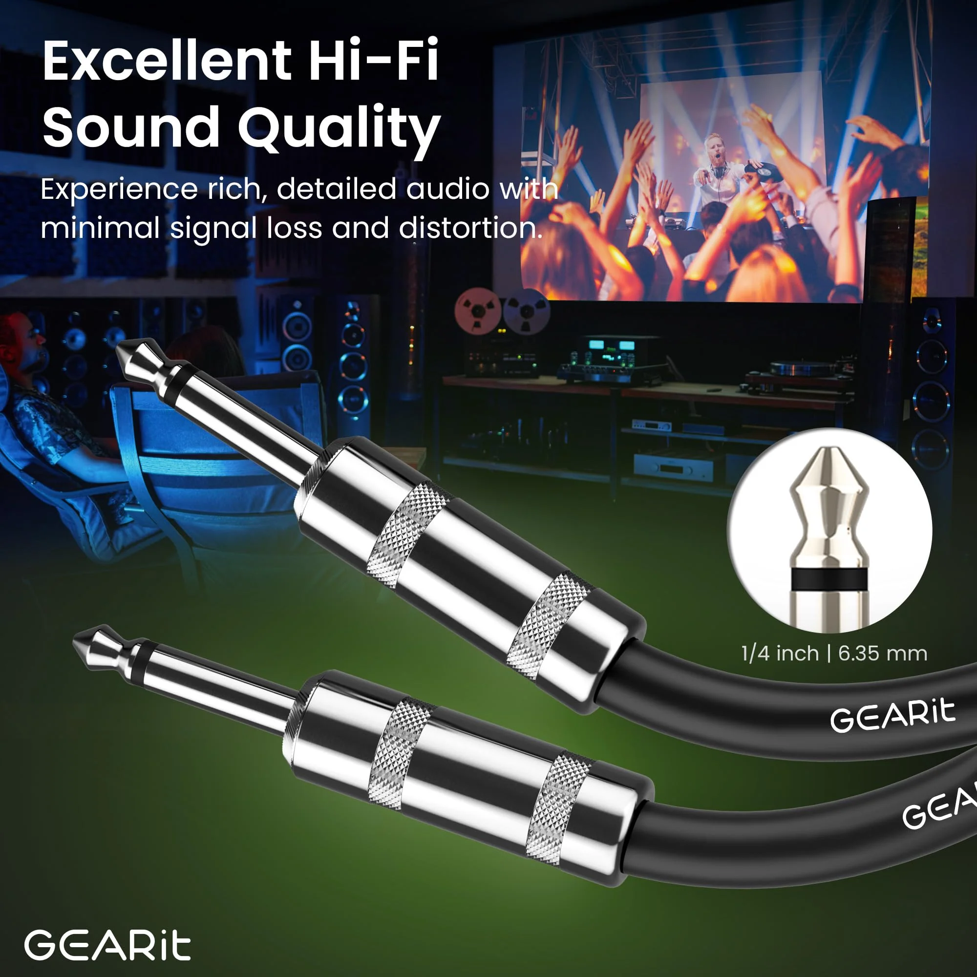 GEARit Audio Instrument Cable (25ft) 1/4 Inch to 1/4 inch Straight Male to Male for AMP Cord, Bass and Electric Guitar - Black/White 25 Feet - Image 2