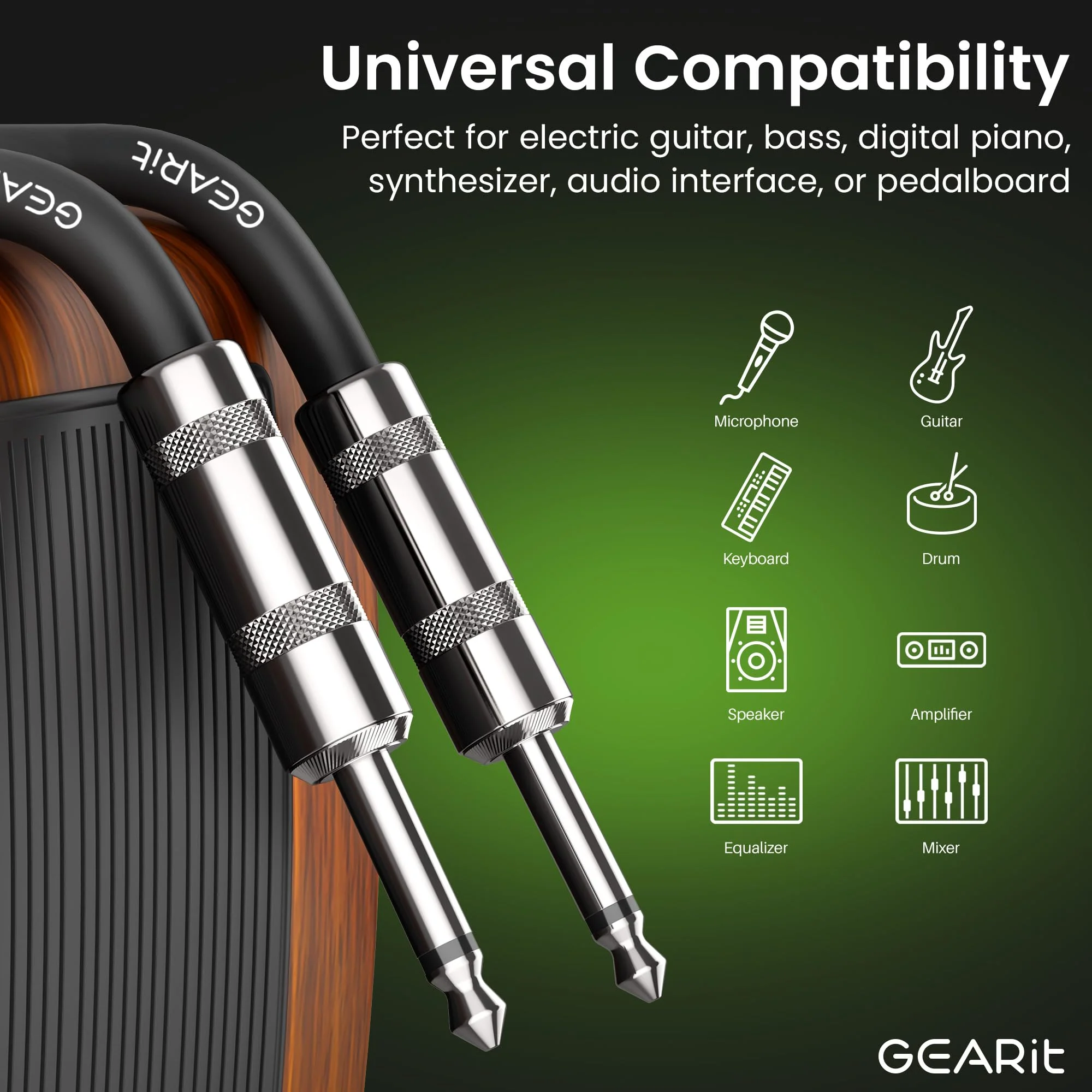 GEARit Audio Instrument Cable (25ft) 1/4 Inch to 1/4 inch Straight Male to Male for AMP Cord, Bass and Electric Guitar - Black/White 25 Feet - Image 3