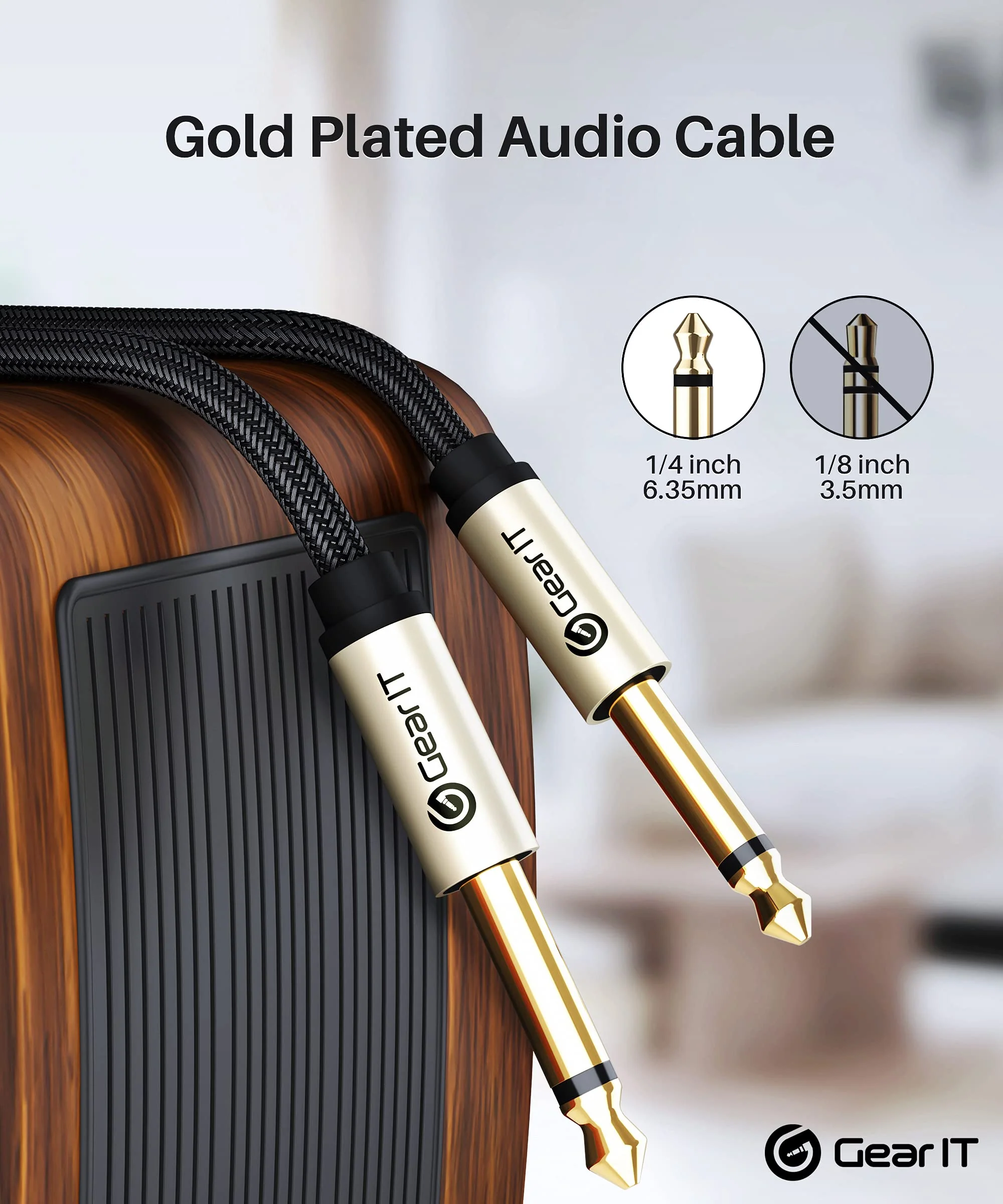 GearIT Guitar Instrument Cable (3ft 2-Pack) 1/4 Inch to 1/4 inch TS Straight Male to Male 6.35mm Mono Jack with Alloy Connector and Nylon Braid 3 Feet (2-Pack) Black - Image 2
