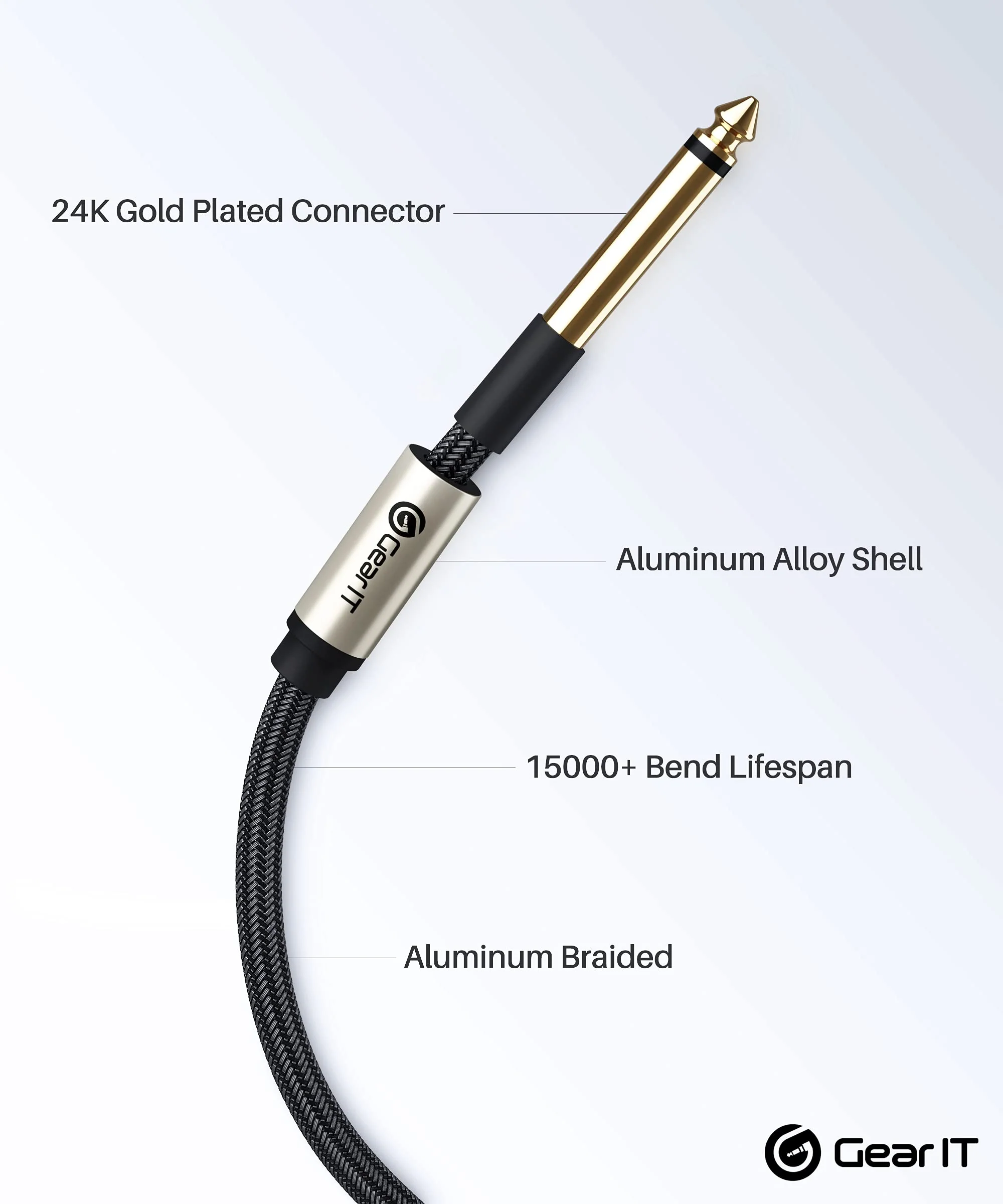 GearIT Guitar Instrument Cable (3ft 2-Pack) 1/4 Inch to 1/4 inch TS Straight Male to Male 6.35mm Mono Jack with Alloy Connector and Nylon Braid 3 Feet (2-Pack) Black - Image 3