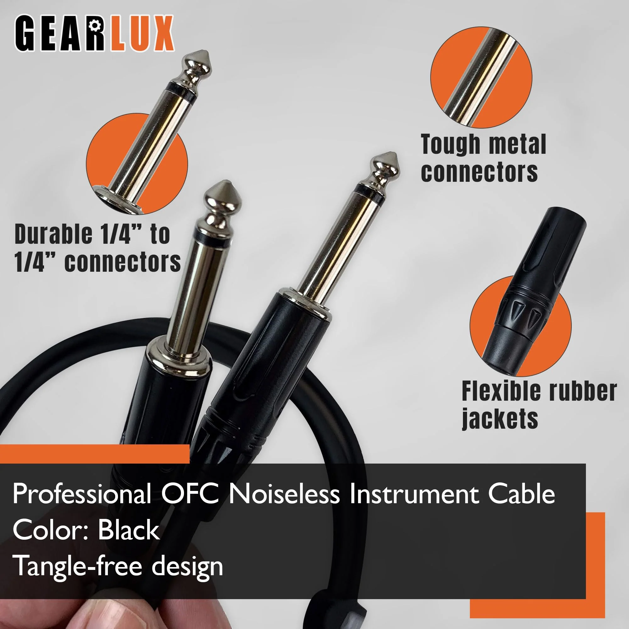 Gearlux Instrument Cable/Guitar Cable, 1/4 Inch, Straight to Straight, Black, 10 Feet - 3 Pack 10 Ft Straight-Straight - Image 4