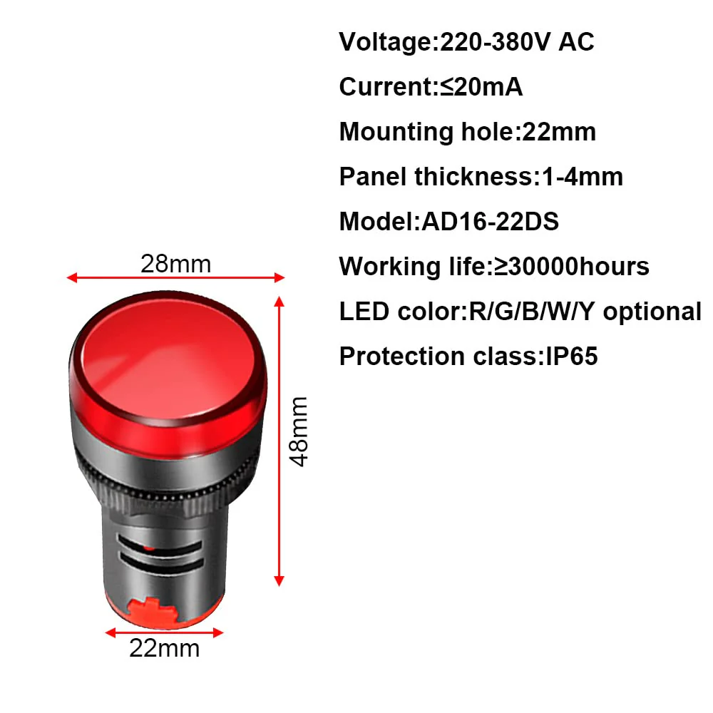 Gebildet 12 Pieces AC220V-380V 22mm LED Indicator Signal Light Control Light, LED Indicator Pilot Signal Lamp, AD16-22D/S (Red/Yellow/Blue/Green, Each Color 3 Pcs) Mix E321 - Image 6