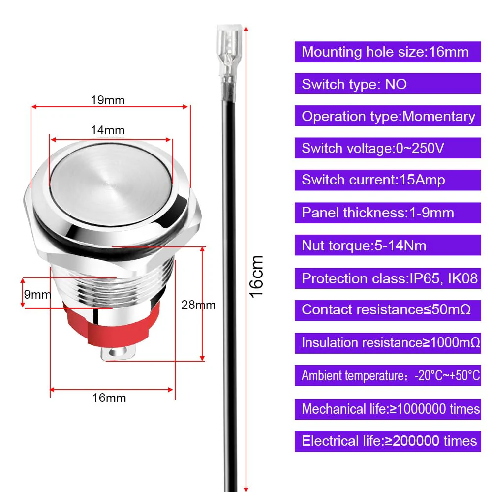 Gebildet Pack of 2 Waterproof Momentary Push Button 0~250V (5V/12V/24V/110V/220V)/15A 16mm Stainless Steel Push Button Switch Waterproof with Connection Cable 15 A-16 mm momentum - Image 5