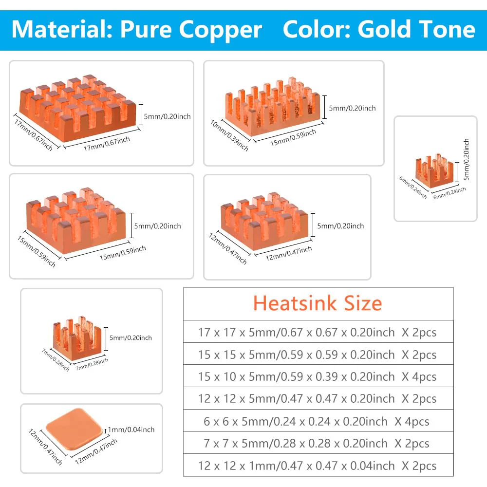 GeeekPi 18PCS Pure Copper Heatsinks for Raspberry Pi 5/4B, CPU Cooler with Thermal Conductive Adhesive Tape - Image 2