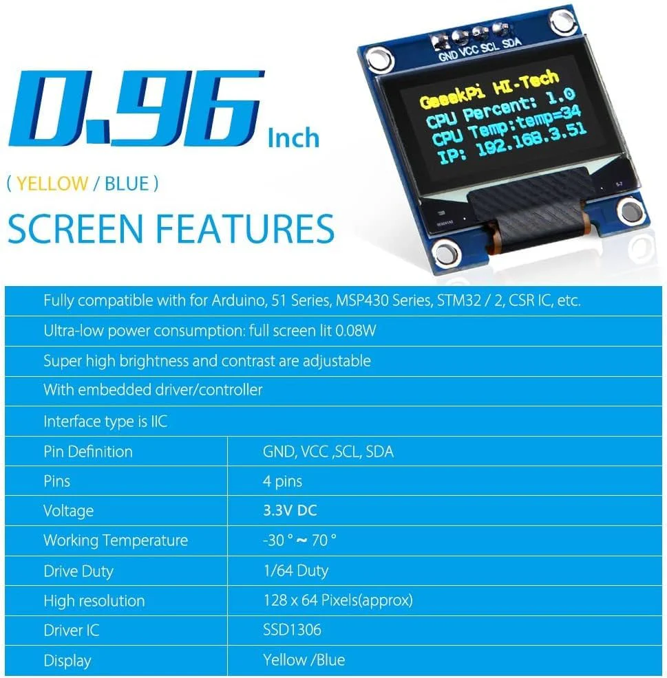 GeeekPi 2Pcs OLED Display Module I2C IIC 128X64 Pixel 0.96 Inch Display Module Yellow Blue Two-Color Display Compatible with Raspberry Pi Arduino 51 Series MCU STM32 R3 and Mega - Image 2