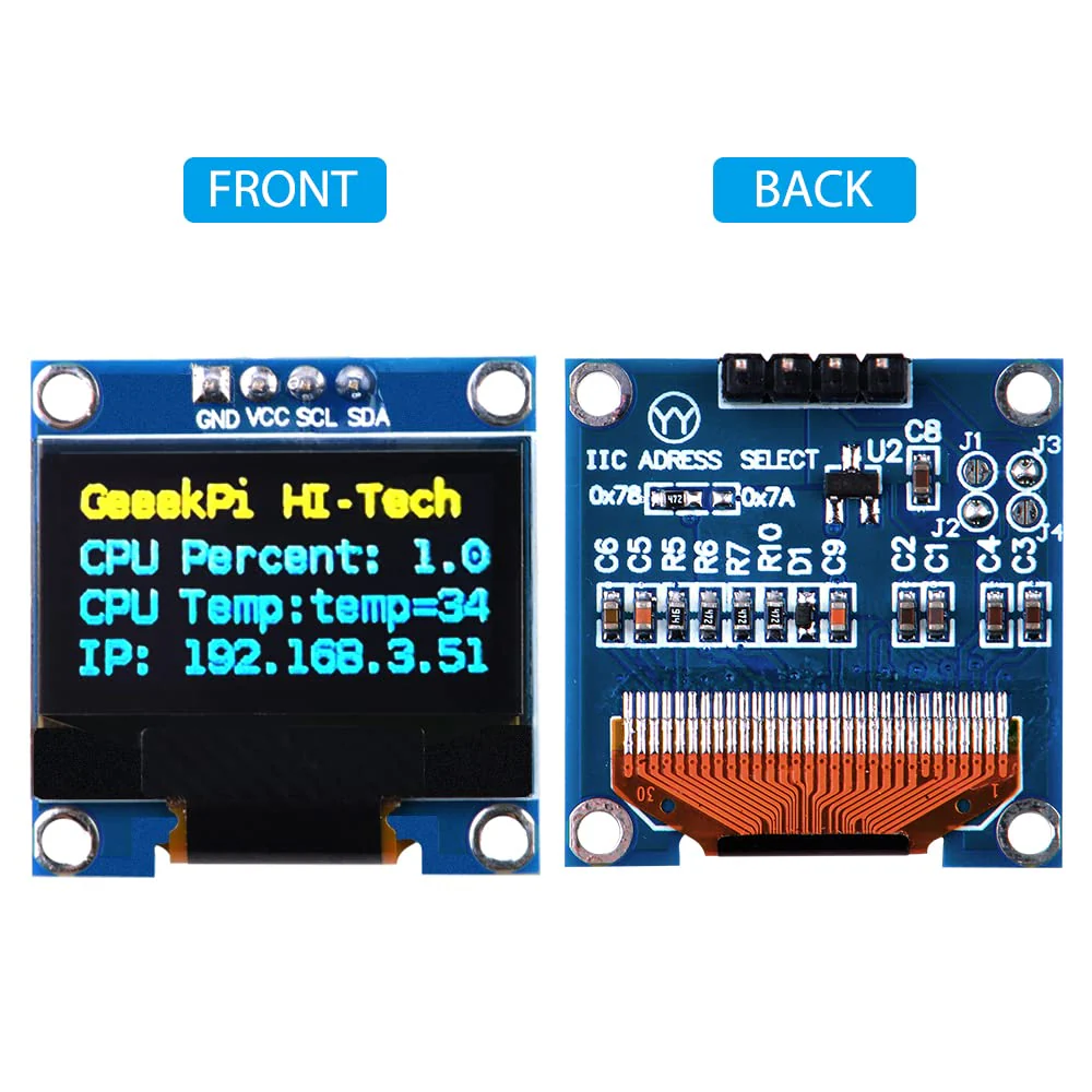 GeeekPi 2Pcs OLED Display Module I2C IIC 128X64 Pixel 0.96 Inch Display Module Yellow Blue Two-Color Display Compatible with Raspberry Pi Arduino 51 Series MCU STM32 R3 and Mega - Image 3