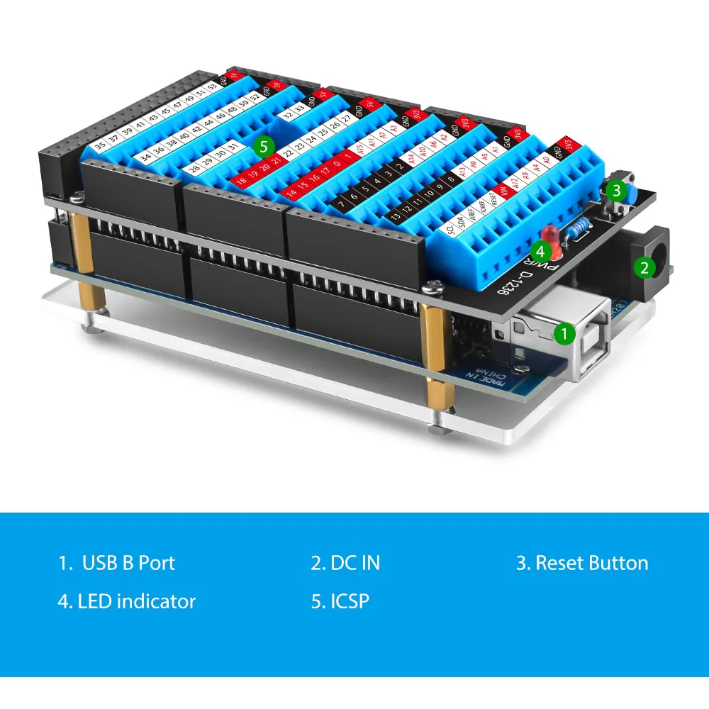 GeeekPi Mega 2560 R3 Terminal Block Breakout Board Hat with Reset Button and LED Indicator, GPIO Expansion Board Breakout Module for Arduino Mega 2560 R3 - Image 2