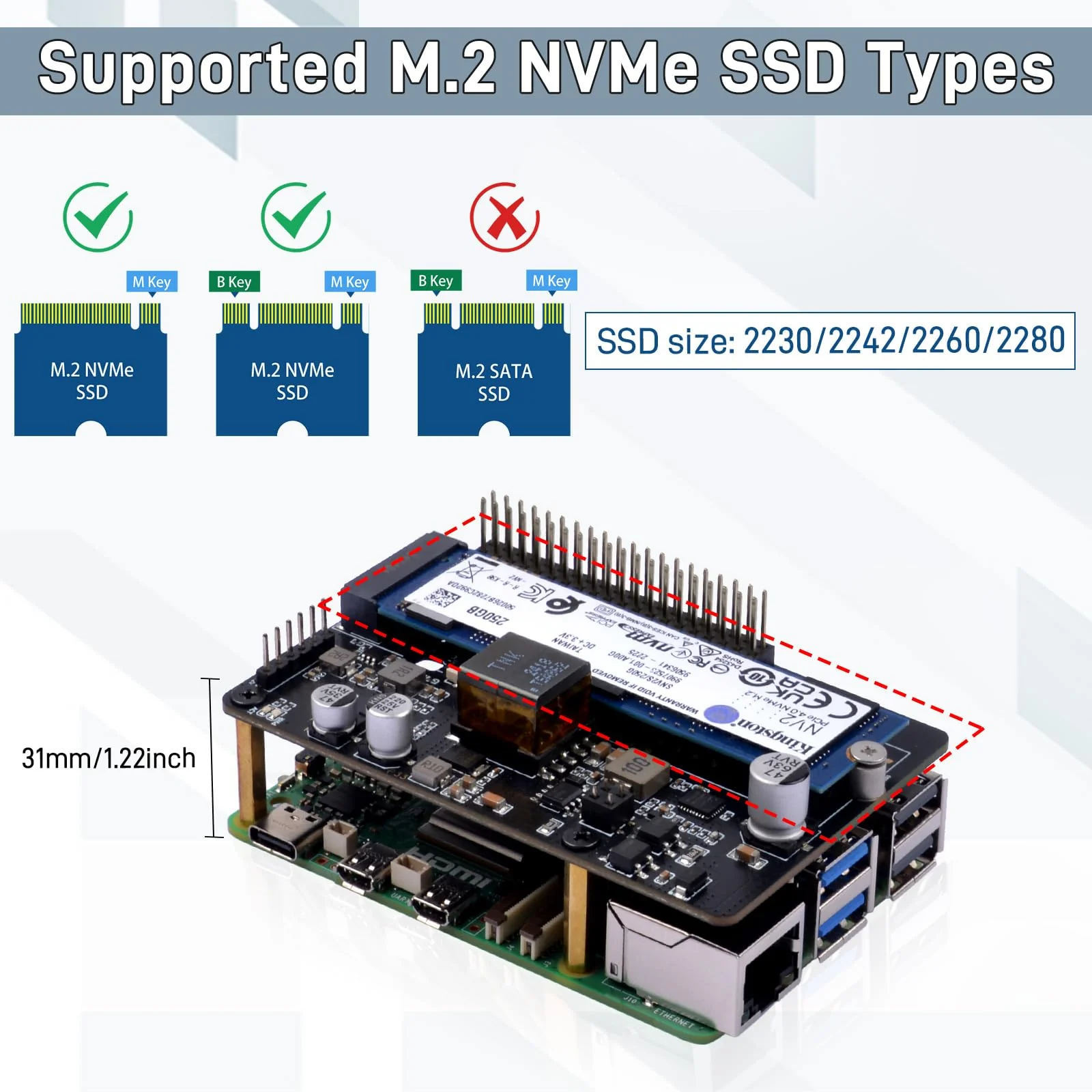 GeeekPi P33 M.2 NVME M-Key PoE+ Hat with Official Pi 5 Active Cooler and Aluminum Case for Raspberry Pi 5, Support M.2 NVMe SSDs 2230/2242/2260/2280 - Image 2