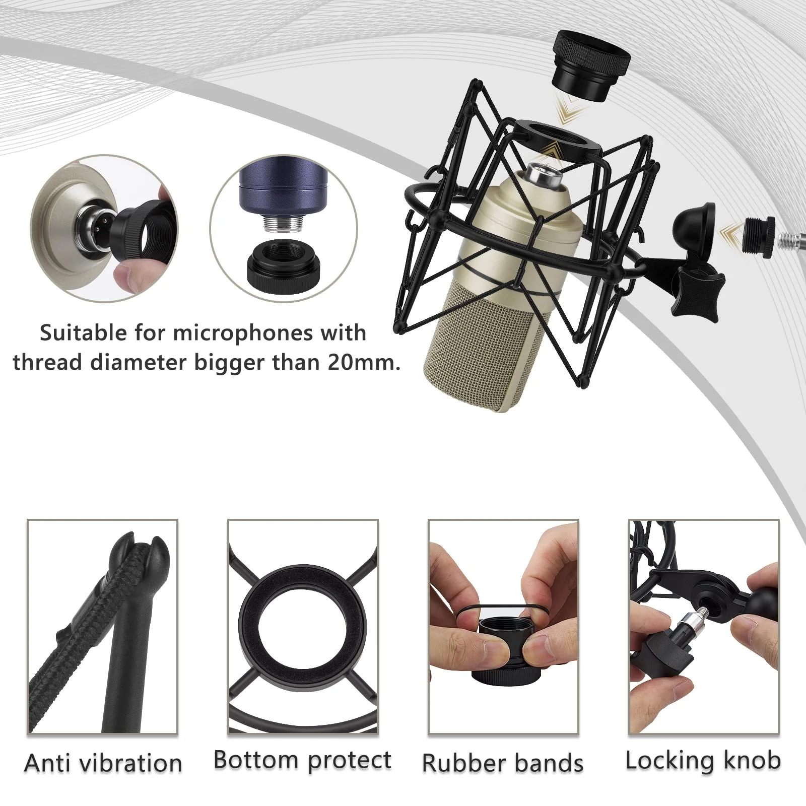 Geekria for Creators Microphone Shock Mount Compatible with MXL 770, 990, R77, TEMPO, V67G, 2006, R144 Mic Anti-Vibration Suspension Adapter Clamp Mic Holder Clip (Black/Metal) - Image 3