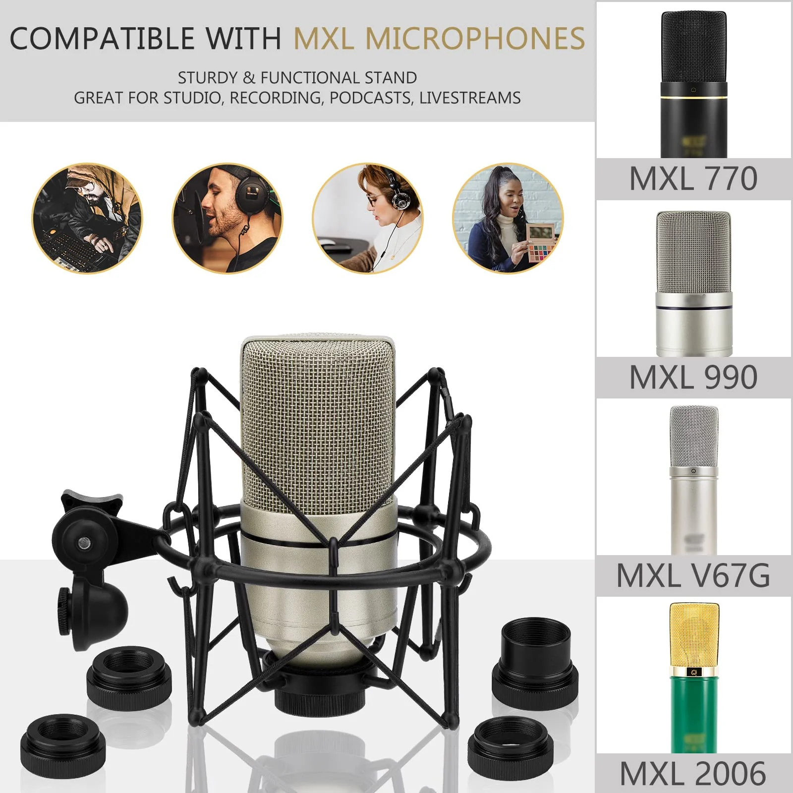 Geekria for Creators Microphone Shock Mount Compatible with MXL 770, 990, R77, TEMPO, V67G, 2006, R144 Mic Anti-Vibration Suspension Adapter Clamp Mic Holder Clip (Black/Metal) - Image 4