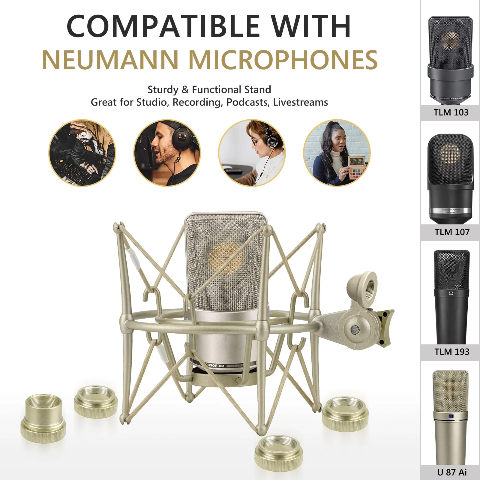 GEEKRIA for Creators Microphone Shock Mount Compatible with Neumann TLM 103, TLM 102, U 87 Ai, TLM 67 Mic Anti-Vibration Suspension Adapter Clamp Mic Holder Clip (Champagne/Metal) - Image 4