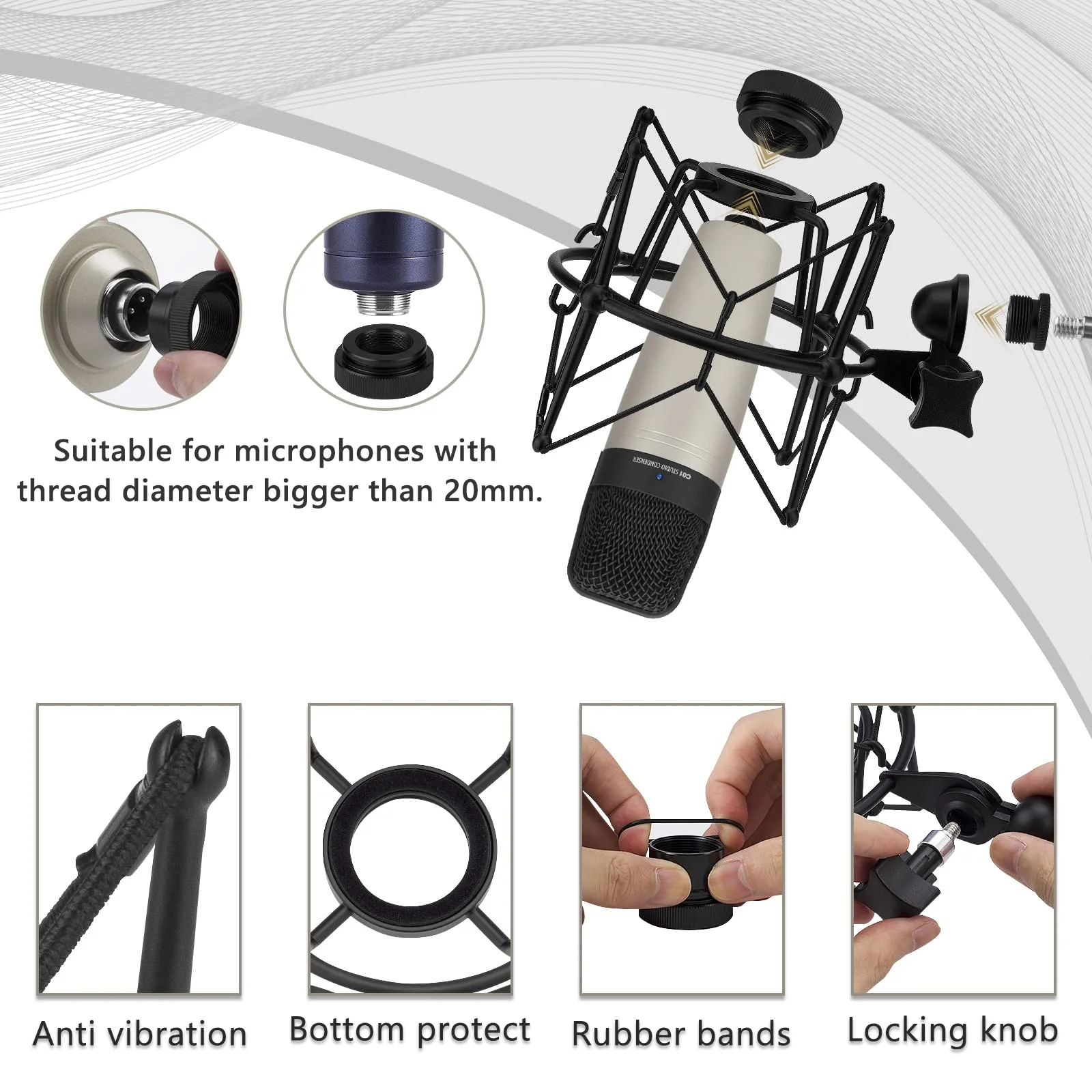 GEEKRIA for Creators Microphone Shock Mount Compatible with Samson C01, C01U Pro, C03, C03U, CL7a, CL8a Mic Anti-Vibration Suspension Adapter Clamp Mic Holder Clip (Black/Metal) - Image 3