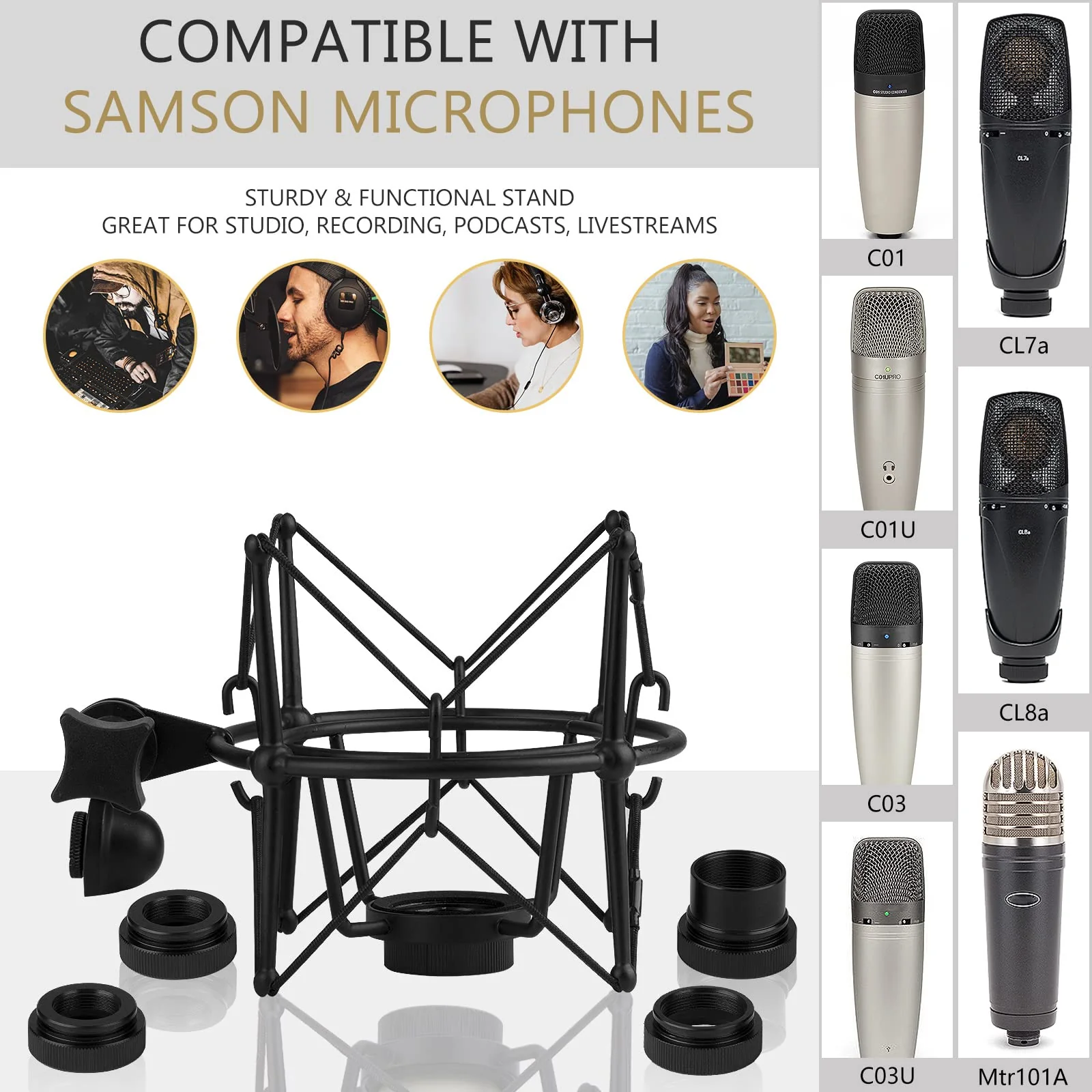 GEEKRIA for Creators Microphone Shock Mount Compatible with Samson C01, C01U Pro, C03, C03U, CL7a, CL8a Mic Anti-Vibration Suspension Adapter Clamp Mic Holder Clip (Black/Metal) - Image 4
