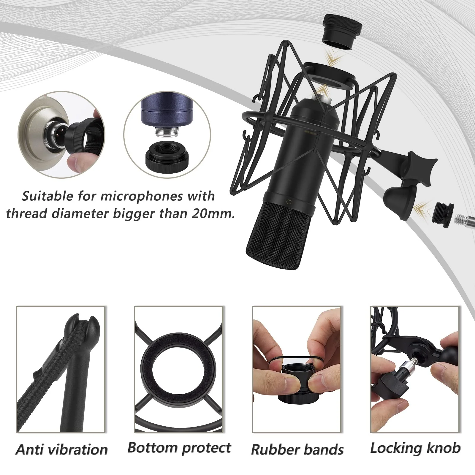 Geekria for Creators Microphone Shock Mount, Mic Anti-Vibration Suspension Adapter Clamp Compatible with CAD GXL2200, Nady SCM-800, Behringer C-1, Marantz, TZ Mic Holder Clip (Black/Metal) - Image 3