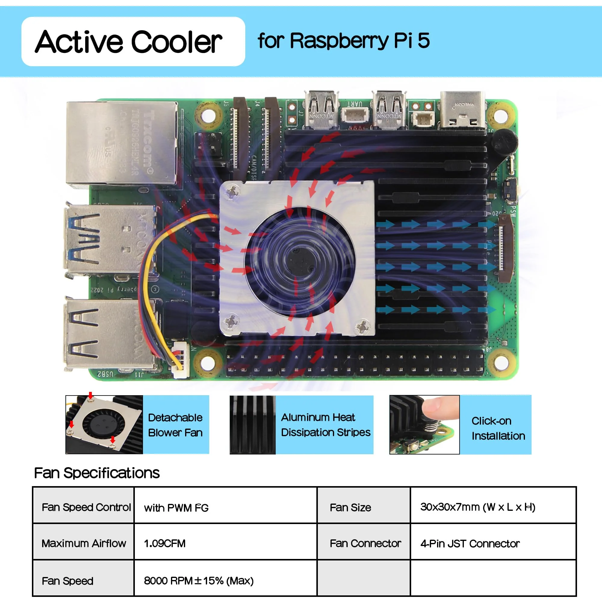 Geekworm H505 Active Cooler Fan for Raspberry Pi 5, Aluminium Heatsink with Blower PWM Fan - Image 2