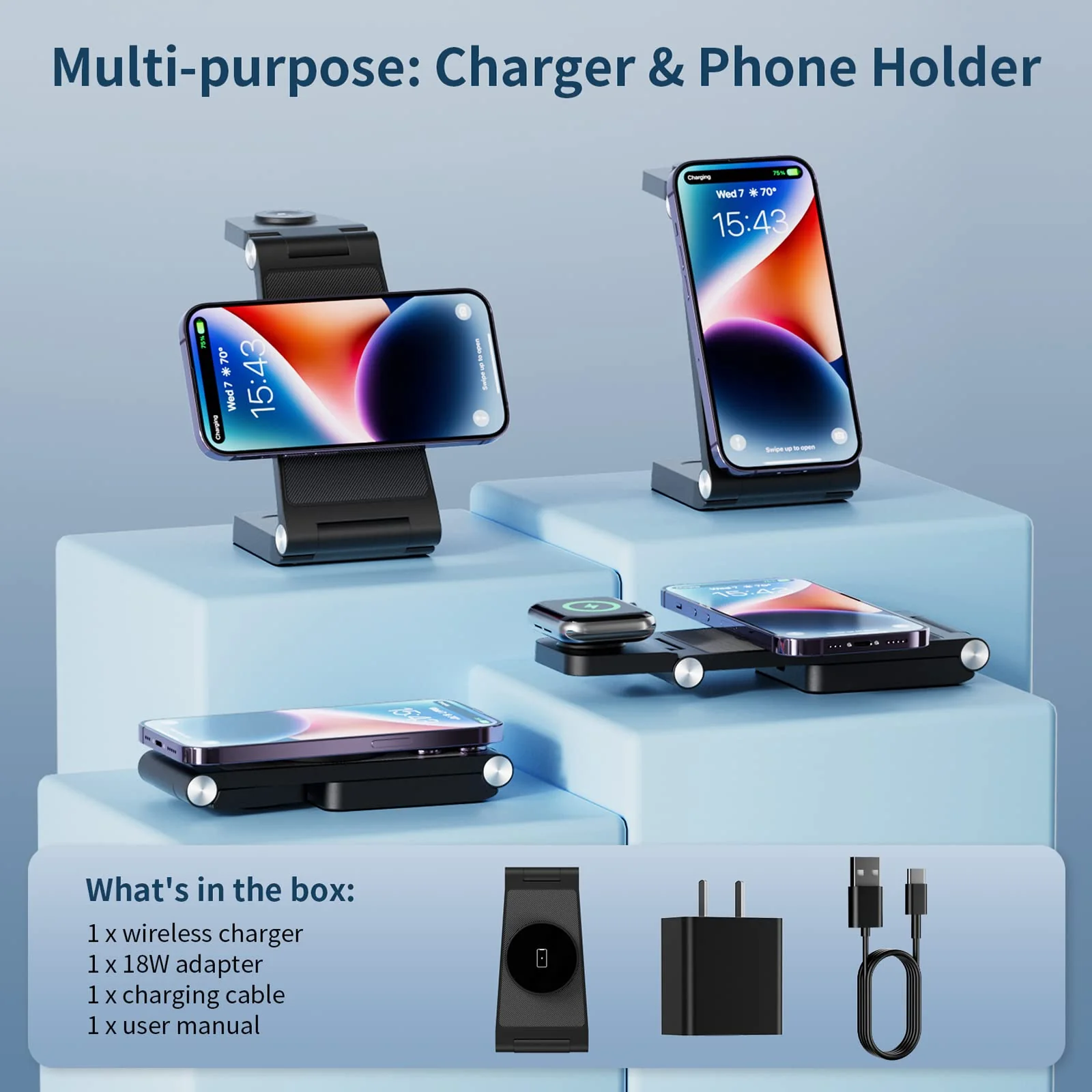 GEJIUCAI Magnetic Wireless Charger, 3 in 1 Fast Wireless Charging Station for Multiple Devices Apple Watch Ultra 8/7/6/5/4/3/2/SE,Compatible with iPhone 14/Pro/Max/Plus/13/12, AirPods 3/2/Pro/Pro2 Black - Image 3