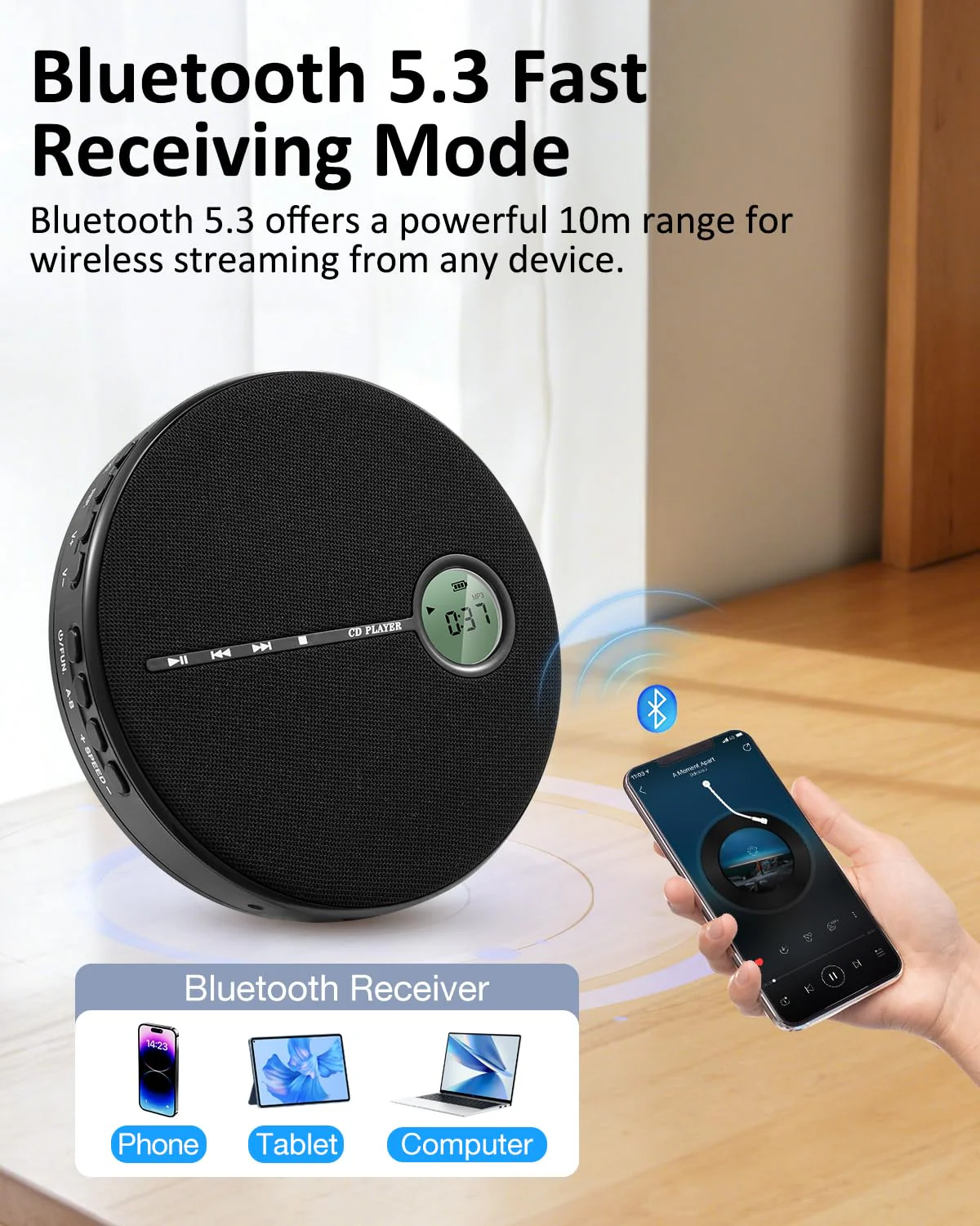 Gelielim Portable CD Player Bluetooth, Personal Discman CD Player for Car & Home,Small Fabric Music Player with Anti-Skip Protection, A-B Repeat,10 Speeds,Stereo Speakers,Supports CD/AUX/USB, Black - Image 3