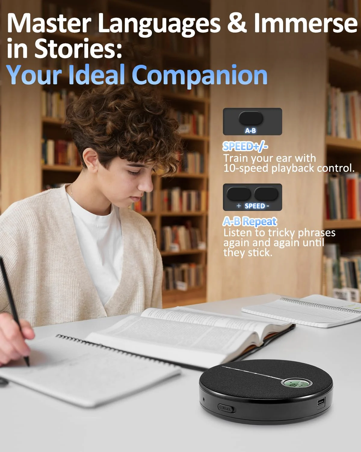 Gelielim Portable CD Player Bluetooth, Personal Discman CD Player for Car & Home,Small Fabric Music Player with Anti-Skip Protection, A-B Repeat,10 Speeds,Stereo Speakers,Supports CD/AUX/USB, Black - Image 4