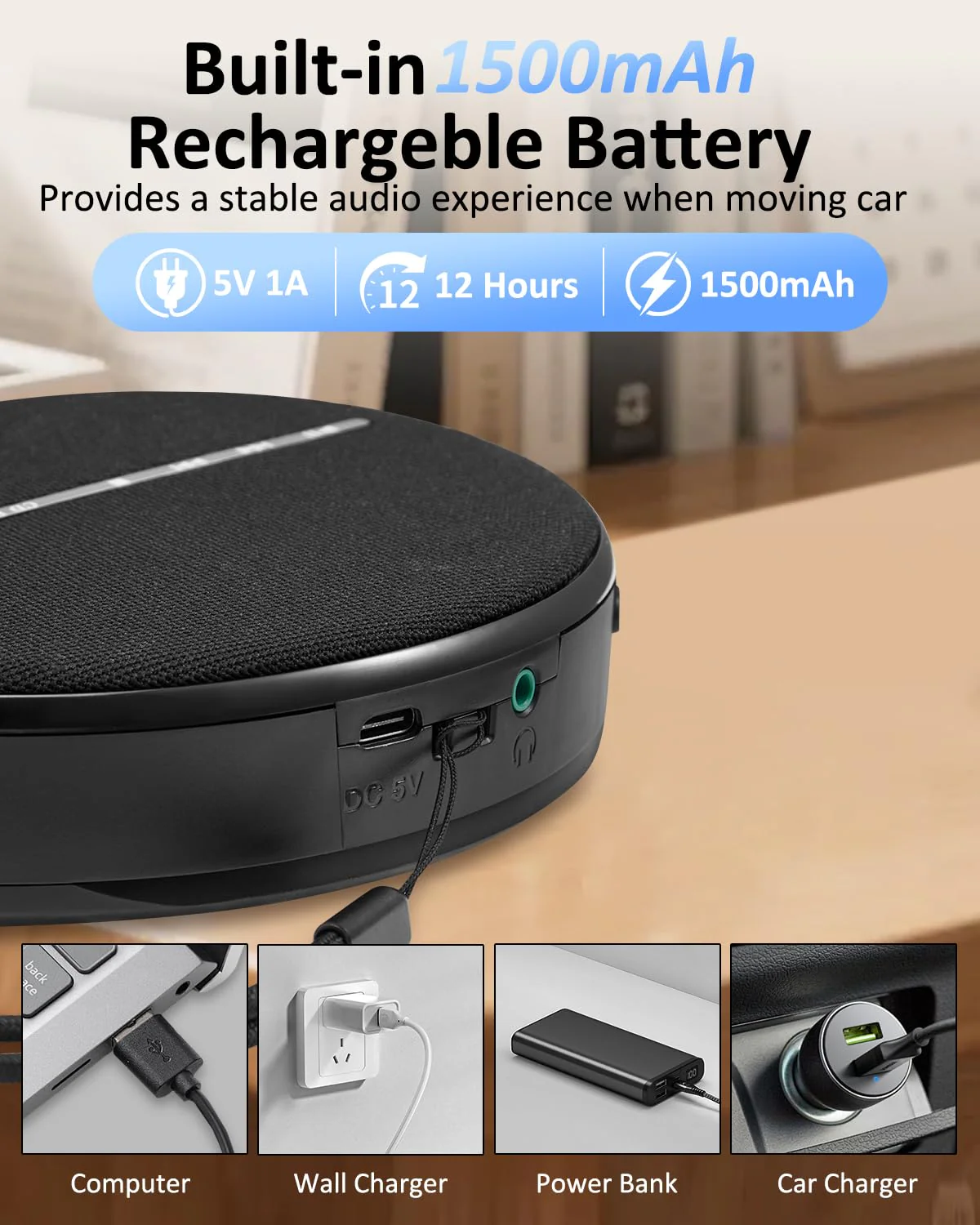 Gelielim Portable CD Player Bluetooth, Personal Discman CD Player for Car & Home,Small Fabric Music Player with Anti-Skip Protection, A-B Repeat,10 Speeds,Stereo Speakers,Supports CD/AUX/USB, Black - Image 5