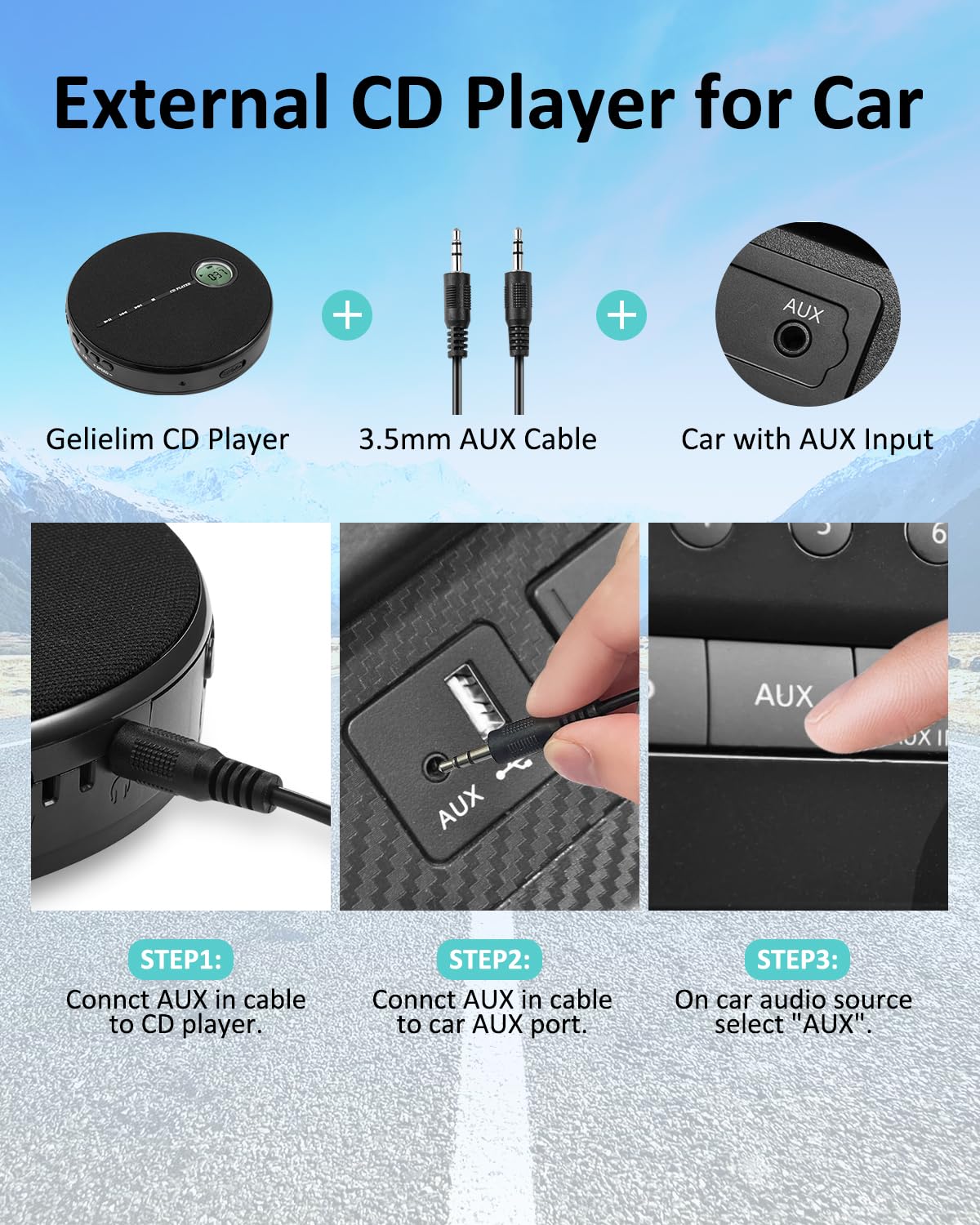Gelielim Portable CD Player Bluetooth, Personal Discman CD Player for Car & Home,Small Fabric Music Player with Anti-Skip Protection, A-B Repeat,10 Speeds,Stereo Speakers,Supports CD/AUX/USB, Black - Image 7
