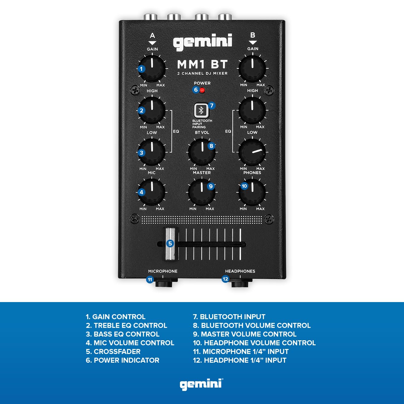 Gemini Portable Bluetooth DJ Mixer – 2-Channel Mini Audio Mixer with Wireless Input, RCA, Mic & Headphone Jacks, EQ & Crossfader – Compact DJ Mixer Board for Beginners & Mobile DJs (MM1BT) MM1BT - Image 2