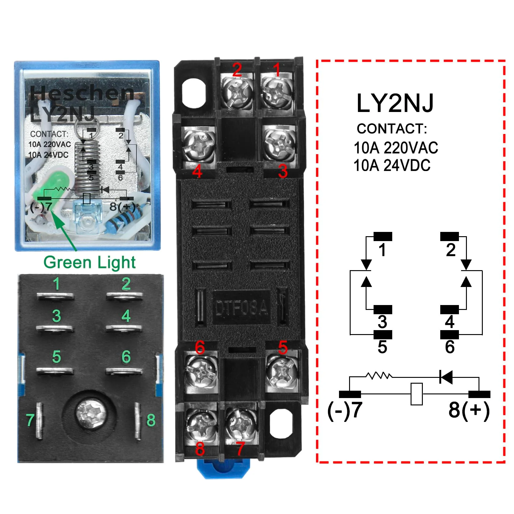 General Purpose Relay Module, Relay Switch, LY2NJ, 12VDC Coil, 10A 24VDC/220VAC, DPDT, LED Indicator, with Socket Base - Image 3