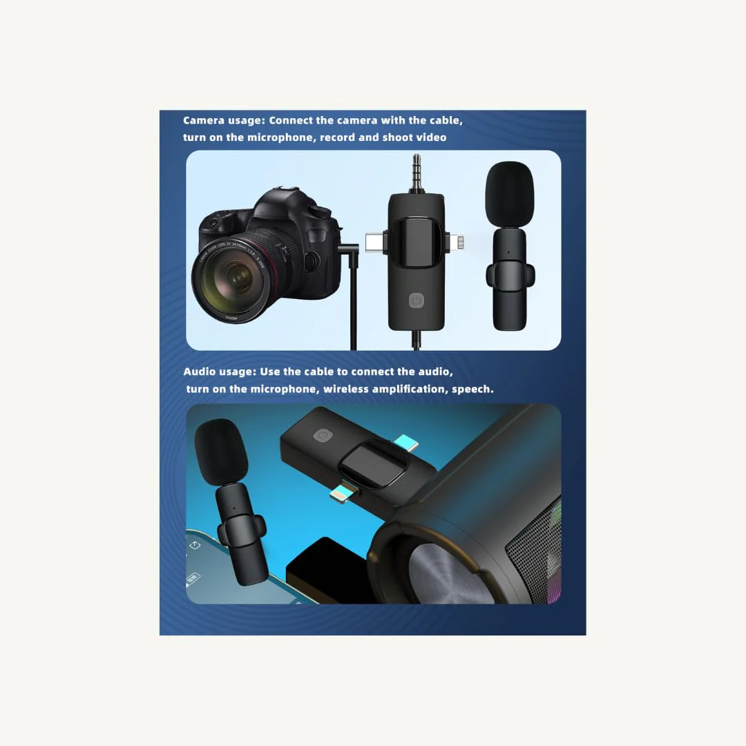 Generic K15 3 in 1 Wireless Lavalier Microphone for IPHONE/ANDROID/TABLET/Perfect for vlogging, podcasts, presentations, live performances, and professional recordings., Black - Image 2