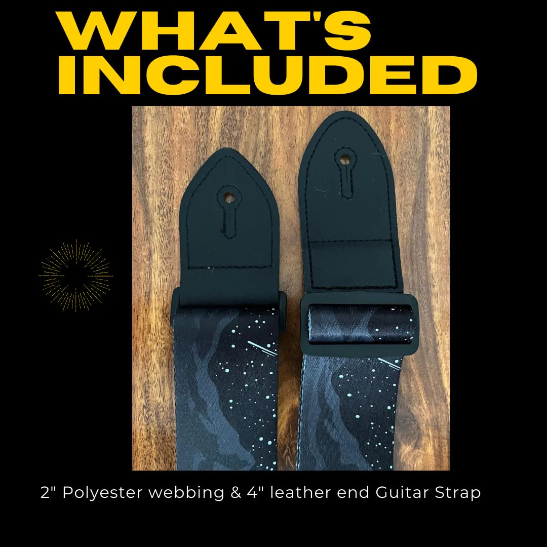 Generic Midnight Mountain Star Guitar Strap, Polyester Webbing strap with Genuine Leather Ends., Black - Image 3