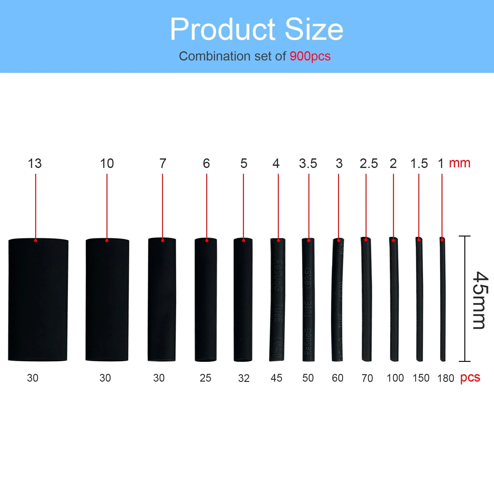Gentpovth 900 Piece Heat Shrink Tube Set, Heat Shrink Tubing Assortment Ratio 2:1, 45 mm Length with 12 Different Sizes, for Electrical Insulation, Cable Repairs and Wire Connections - Image 7