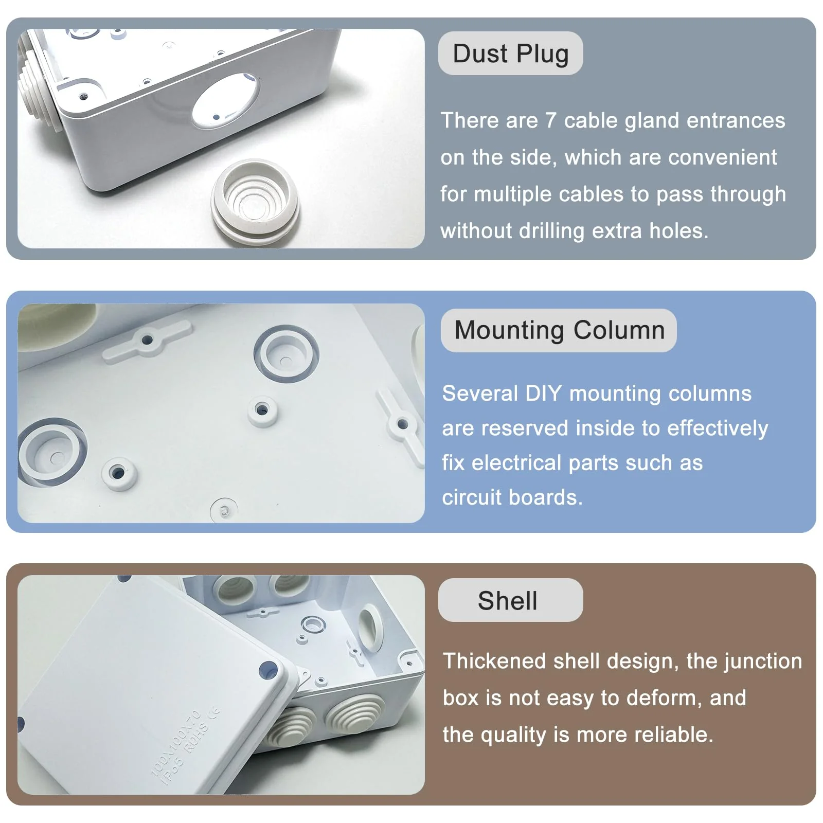 Gentpovth Pack of 2 Junction Boxes, Waterproof IP65, 100 mm x 100 mm x 70 mm, ABS Casing, Junction Box, Surface-Mounted, Distribution Box, Outdoor, Plastic Plug Screw Connection, Electrical Box - Image 3