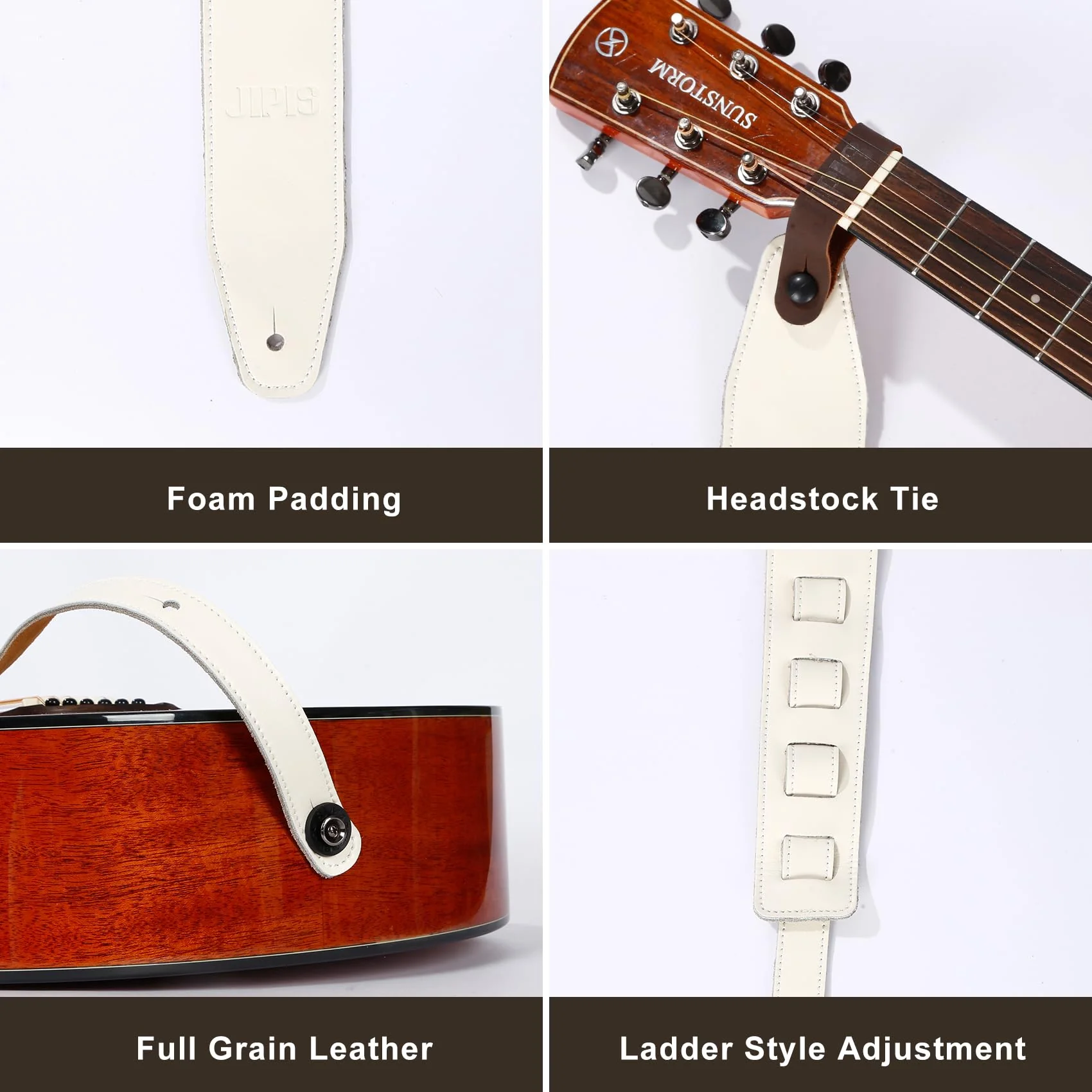 Genuine Cowhide Leather Guitar Strap Soft Durable Guitar Strap for Acoustic Electric Guitar&Bass Adjustable Strap Jipis 014-white - Image 2