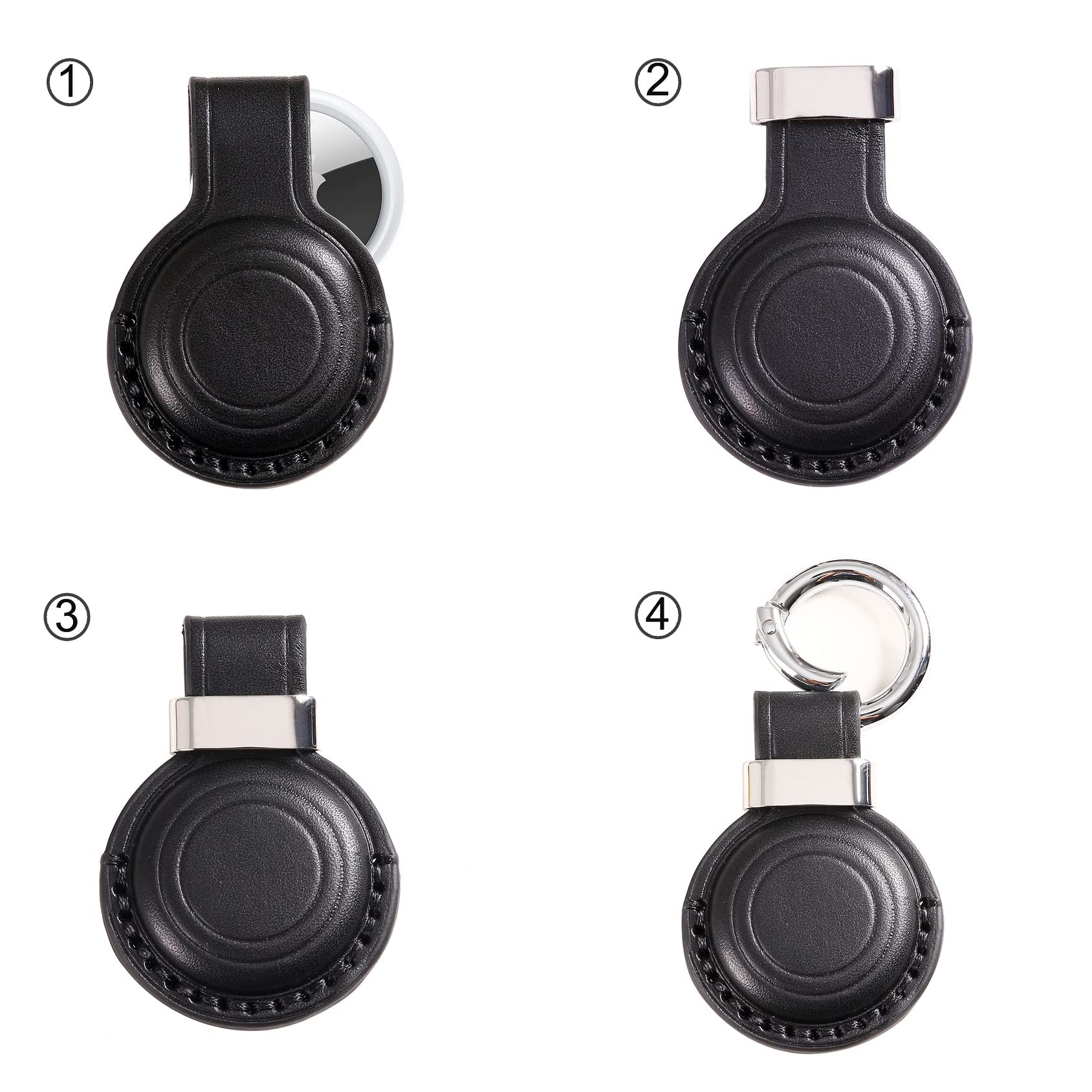 Genuine Leather Airtag Holder Suitable for Apple Airtag Keychain Leather, Secure Air Tag Holder with Stainless Steel Ring Lock, Durable Airtag Case Cover Key Ring - Black V2.0 (No Hole) Black V2.0 (No Hole) - Image 3