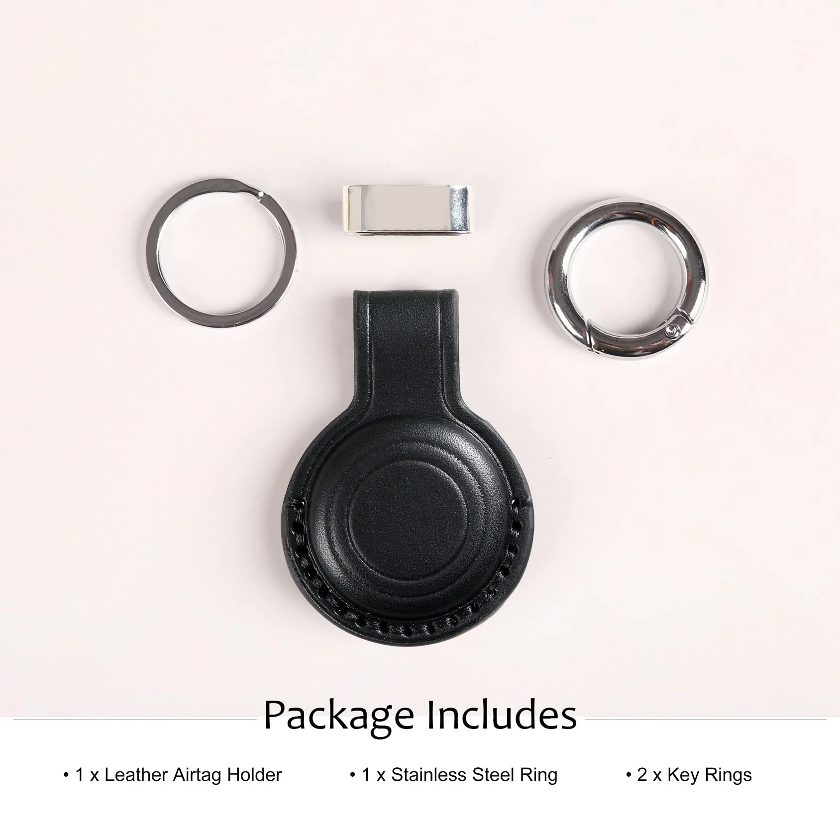 Genuine Leather Airtag Holder Suitable for Apple Airtag Keychain Leather, Secure Air Tag Holder with Stainless Steel Ring Lock, Durable Airtag Case Cover Key Ring - Black V2.0 (No Hole) Black V2.0 (No Hole) - Image 4
