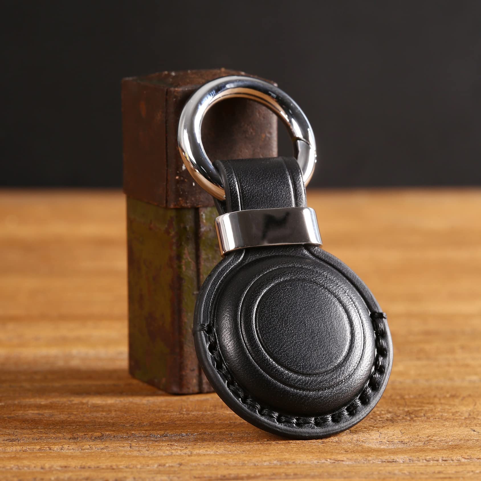 Genuine Leather Airtag Holder Suitable for Apple Airtag Keychain Leather, Secure Air Tag Holder with Stainless Steel Ring Lock, Durable Airtag Case Cover Key Ring - Black V2.0 (No Hole) Black V2.0 (No Hole) - Image 5