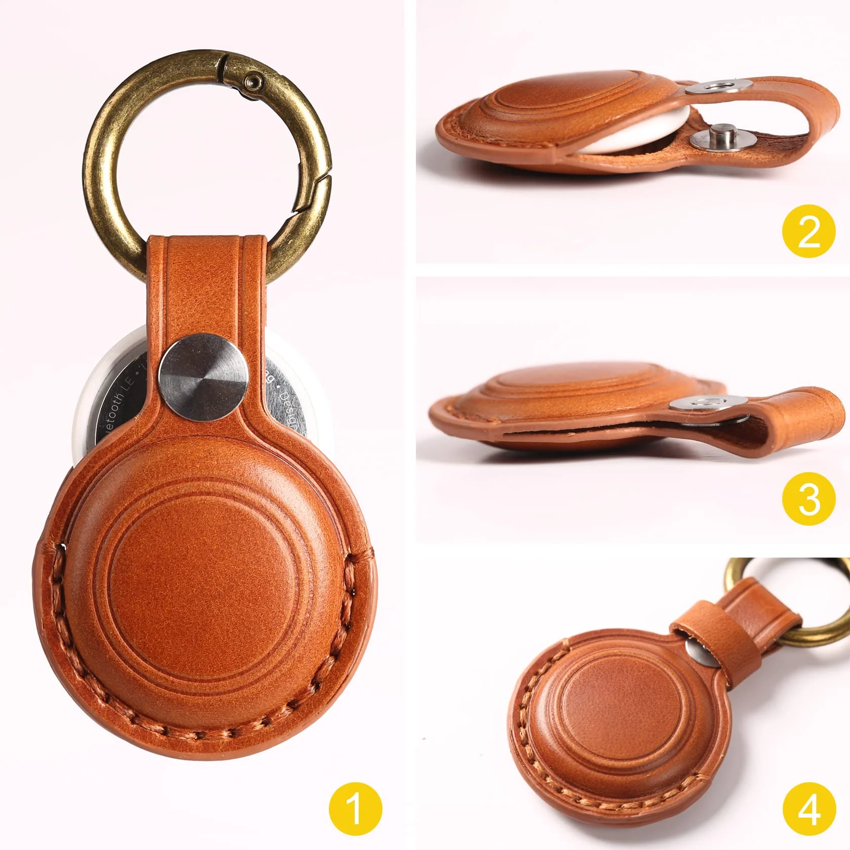 Genuine Leather Airtag Holder Suitable for Apple Airtag Keychain Leather, Small Air Tag Holder with Key Rings, Protective Airtag Case Cover Accessories - Brown V1.0 - Image 2