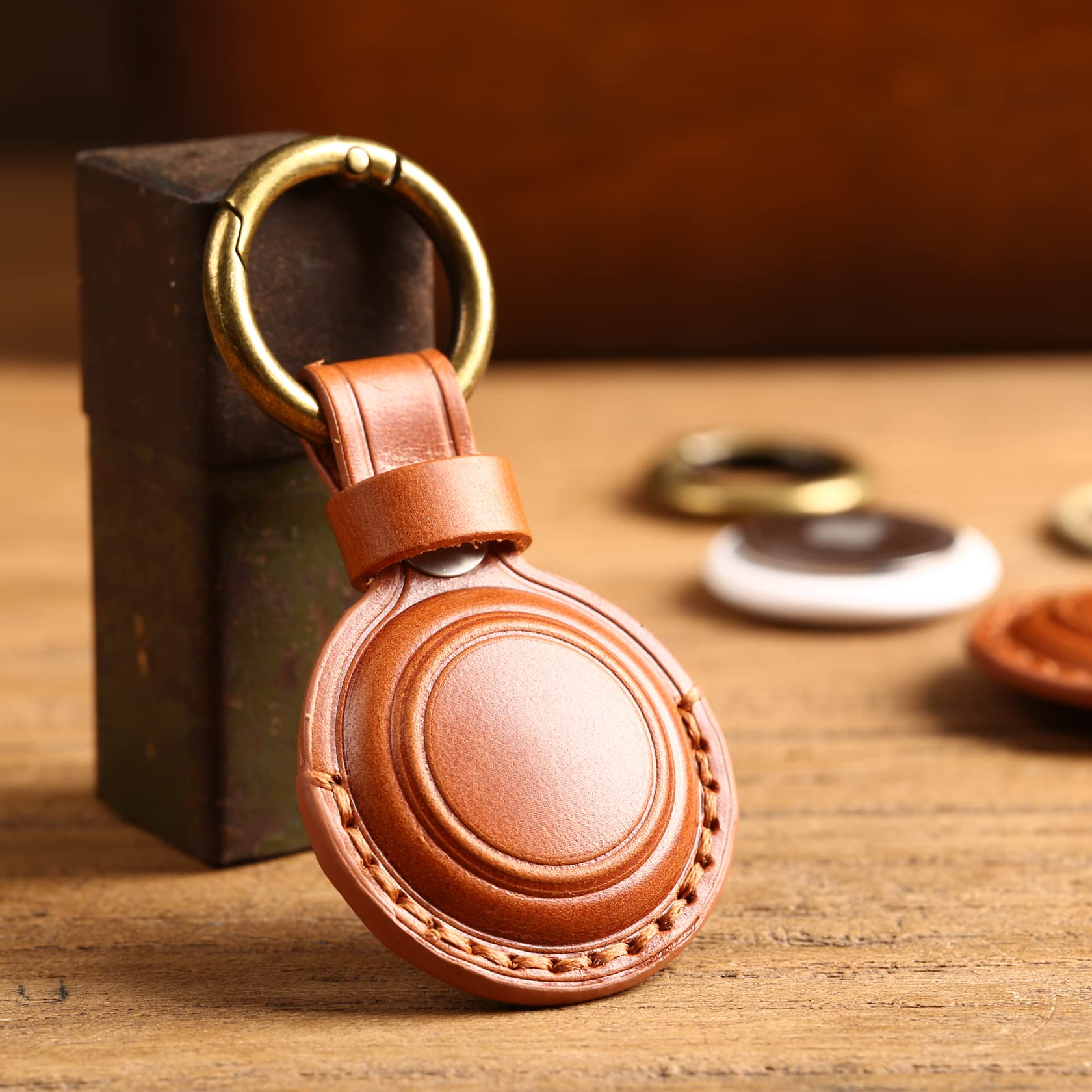Genuine Leather Airtag Holder Suitable for Apple Airtag Keychain Leather, Small Air Tag Holder with Key Rings, Protective Airtag Case Cover Accessories - Brown V1.0 - Image 5