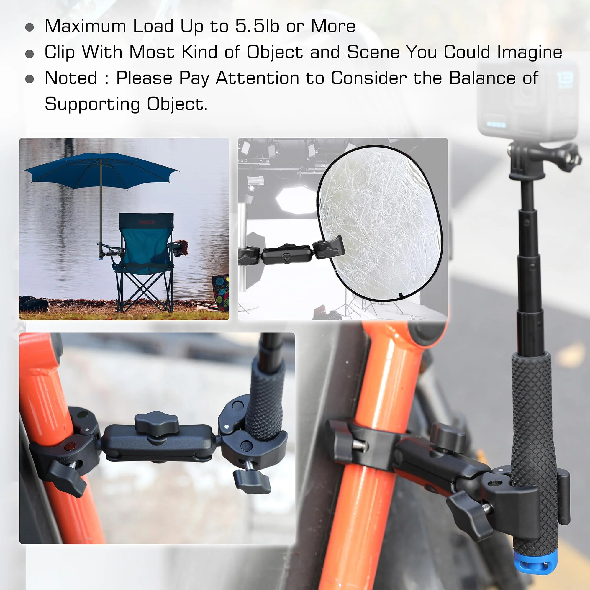 GEPULY Umbrella Clamp for Chair 5.5lb Load, 20-50mm Double Super Camera Mount, Aluminum Magic Arm Dual Ball Head Heavy Duty for Handlebar/Tripod/Stroller Wheelchair/Desk/Pole/Cross Bar/Motorcycle 2 Clamps - Image 4